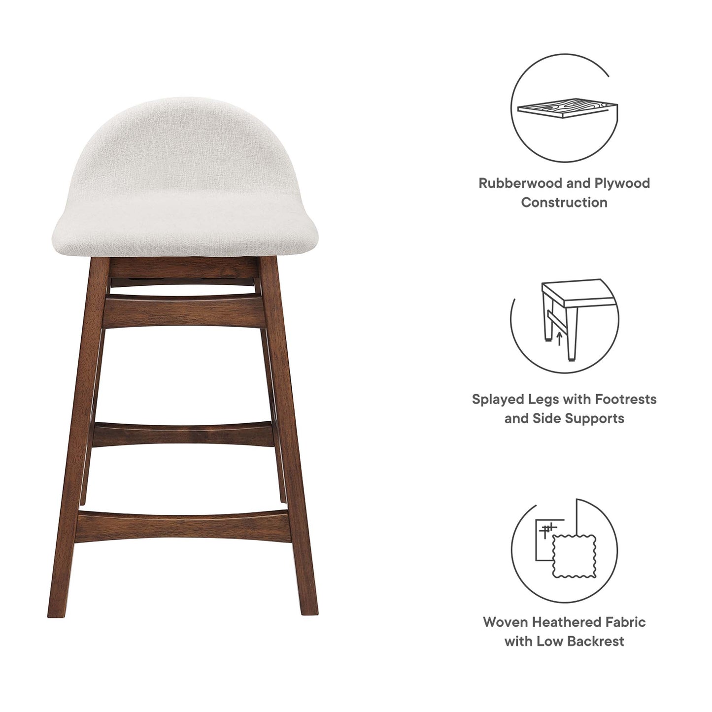 Counter stool with rubberwood and plywood construction, splayed legs with footrests, woven heathered fabric cushion, low back.