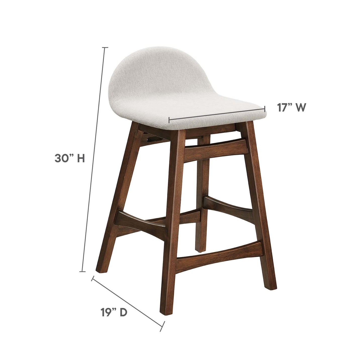 Wood bar stool with light gray upholstered curved back, 17-inch wide seat, 19-inch deep, dark brown legs.
