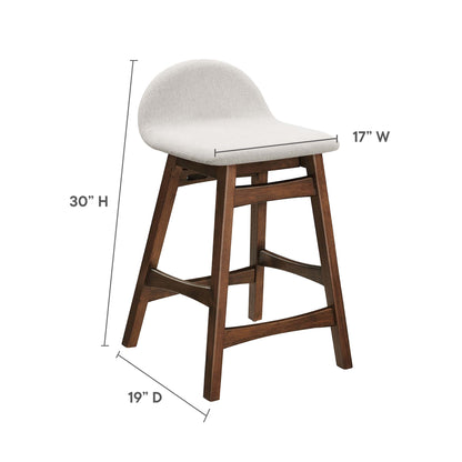 Wood bar stool with light gray upholstered curved back, 17-inch wide seat, 19-inch deep, dark brown legs.
