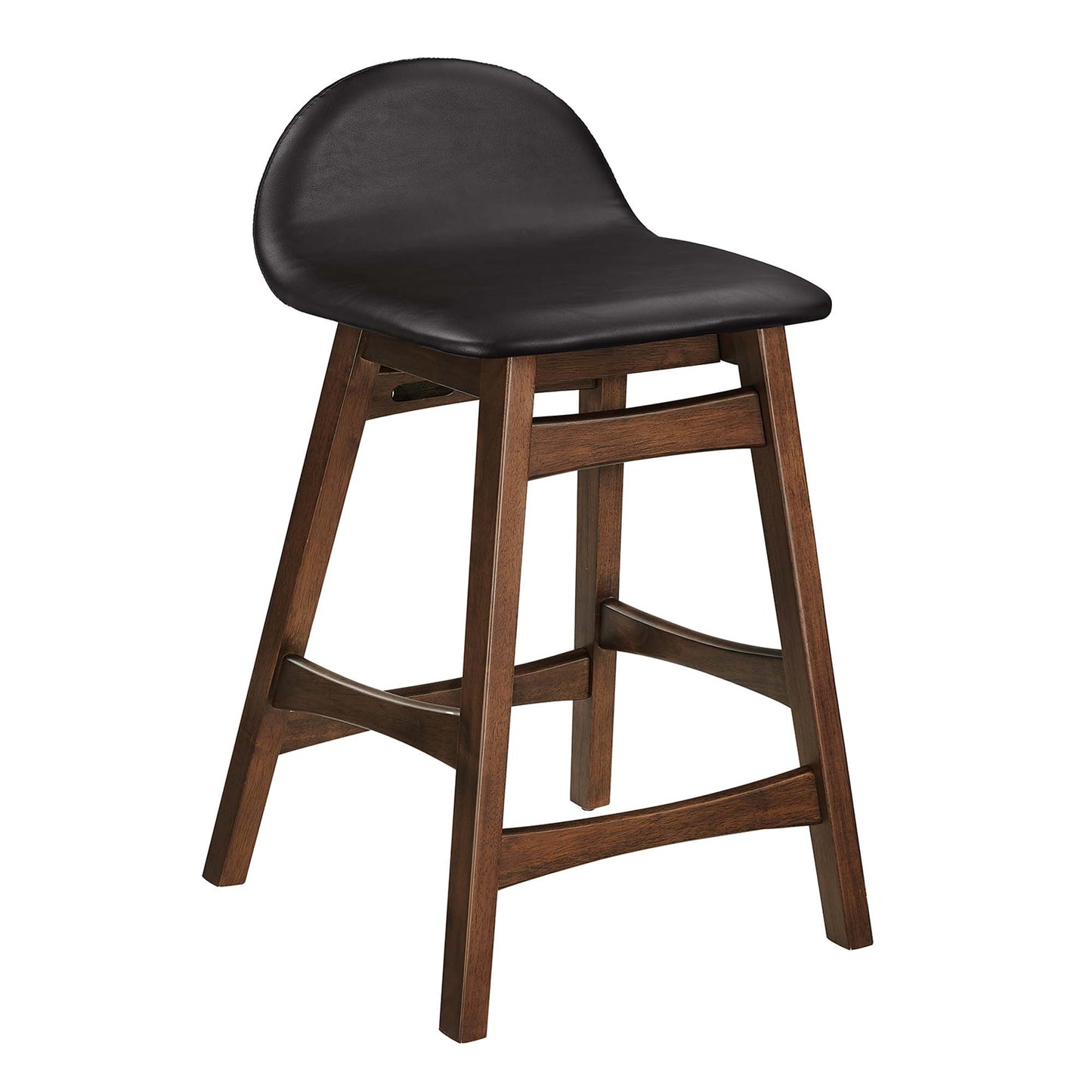 Brown wood counter stool with black upholstered curved seat and back, sturdy legs and footrest.