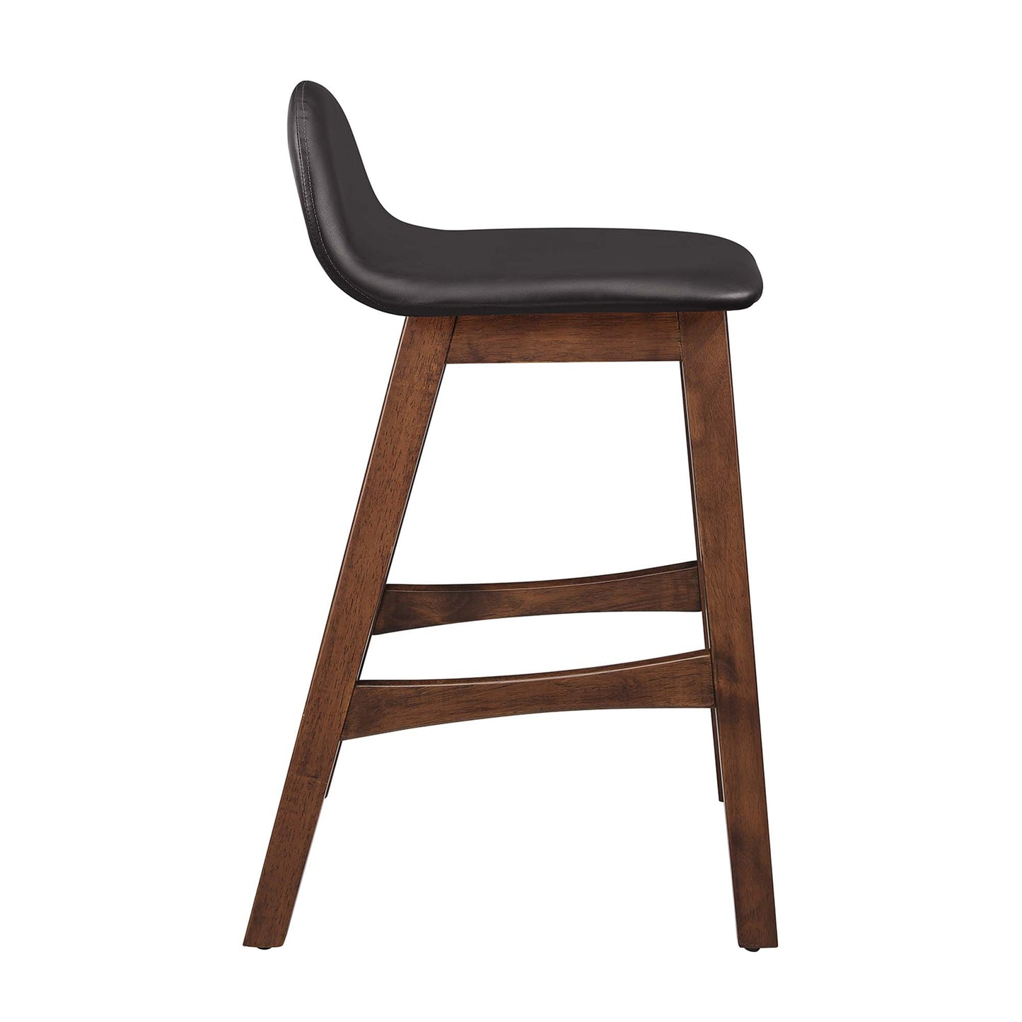 Set of 2 brown wood counter stools with black padded seats, curved backrests, angled legs and footrests.