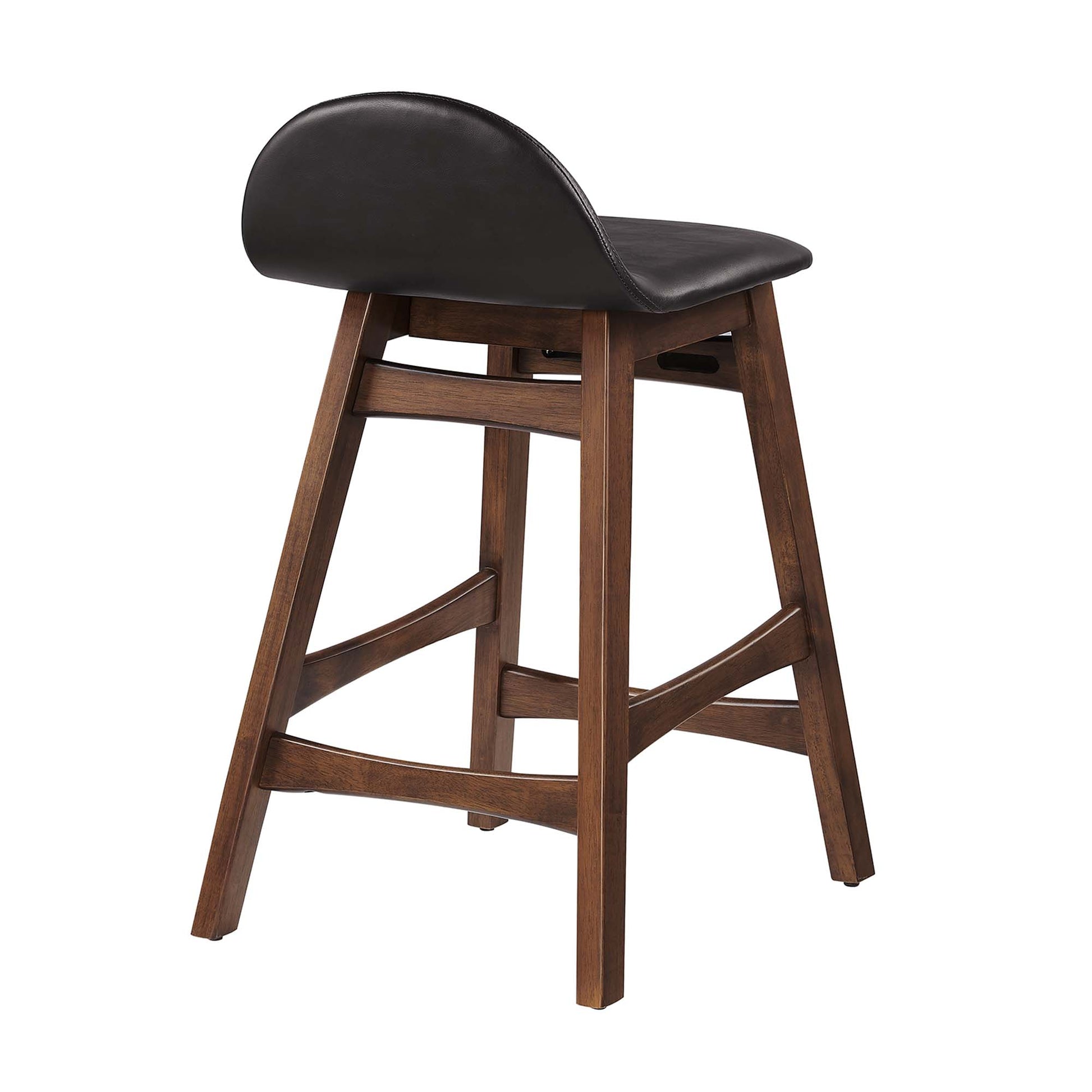 Brown wooden counter stool set of 2 with a black padded saddle seat, curved backrest, angled legs and footrest.
