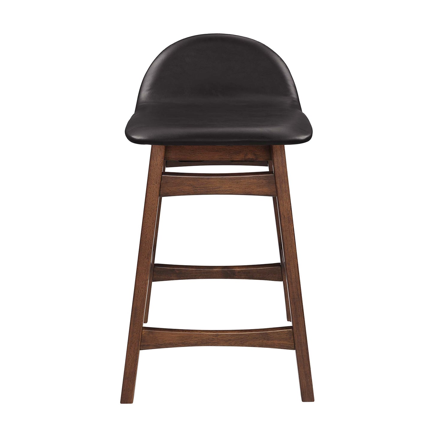 Dark brown wood counter stool with black upholstered curved seat and back, angled legs and footrest.