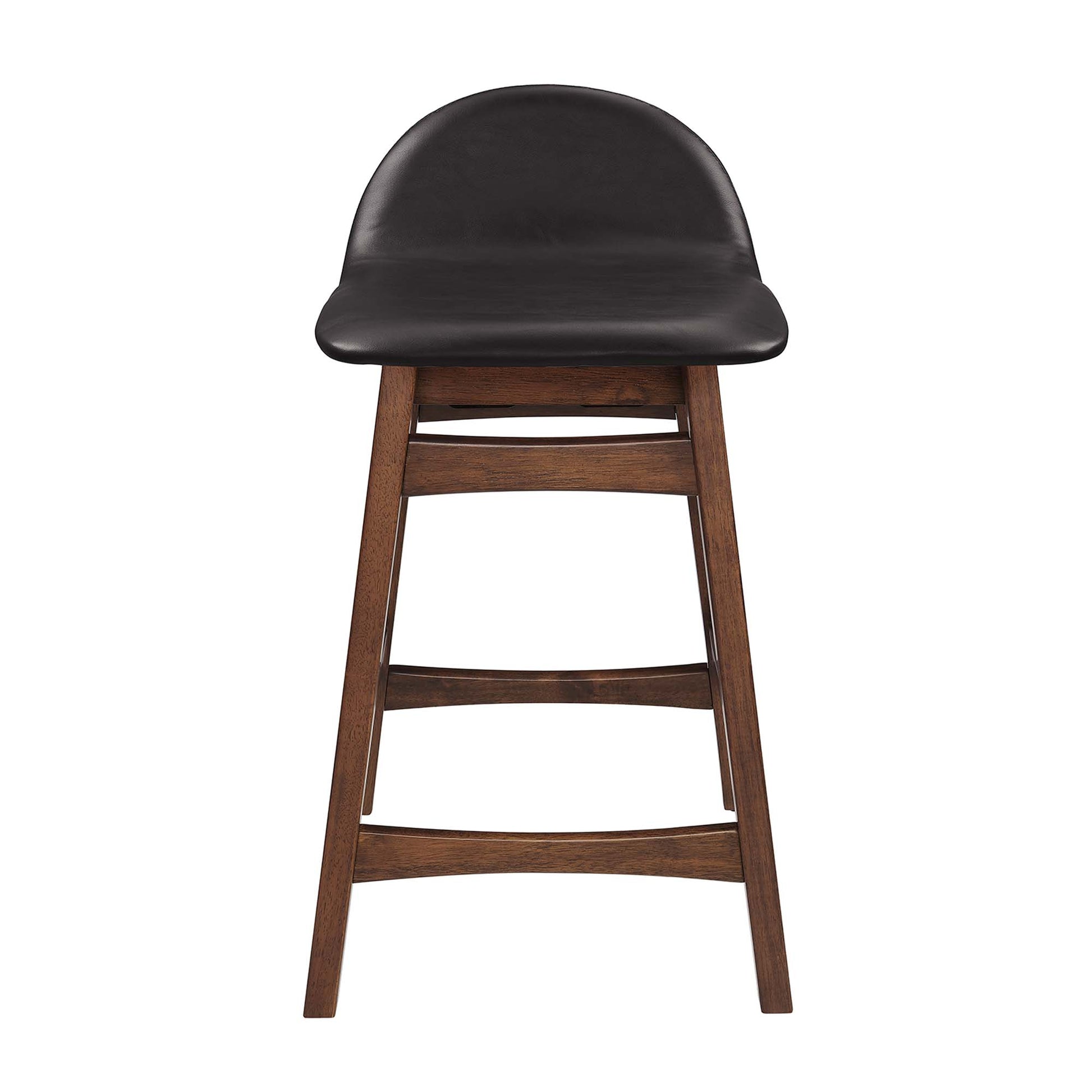 Dark brown wood counter stool with black upholstered curved seat and back, angled legs and footrest.