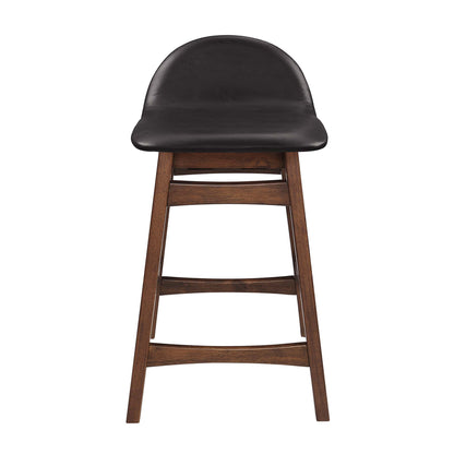 Dark brown wood counter stool with black upholstered curved seat and back, angled legs and footrest.