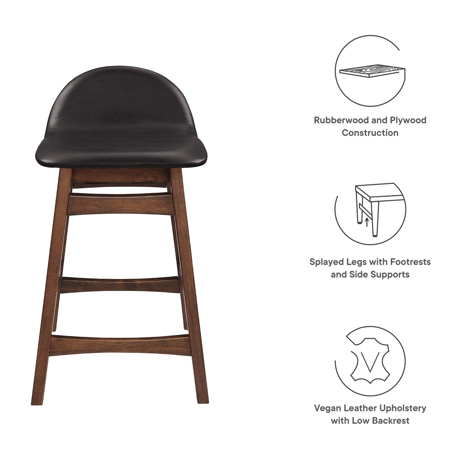 Set of 2 bar stools in dark rubberwood with black vegan leather upholstery, low back, splayed legs and built-in footrests.