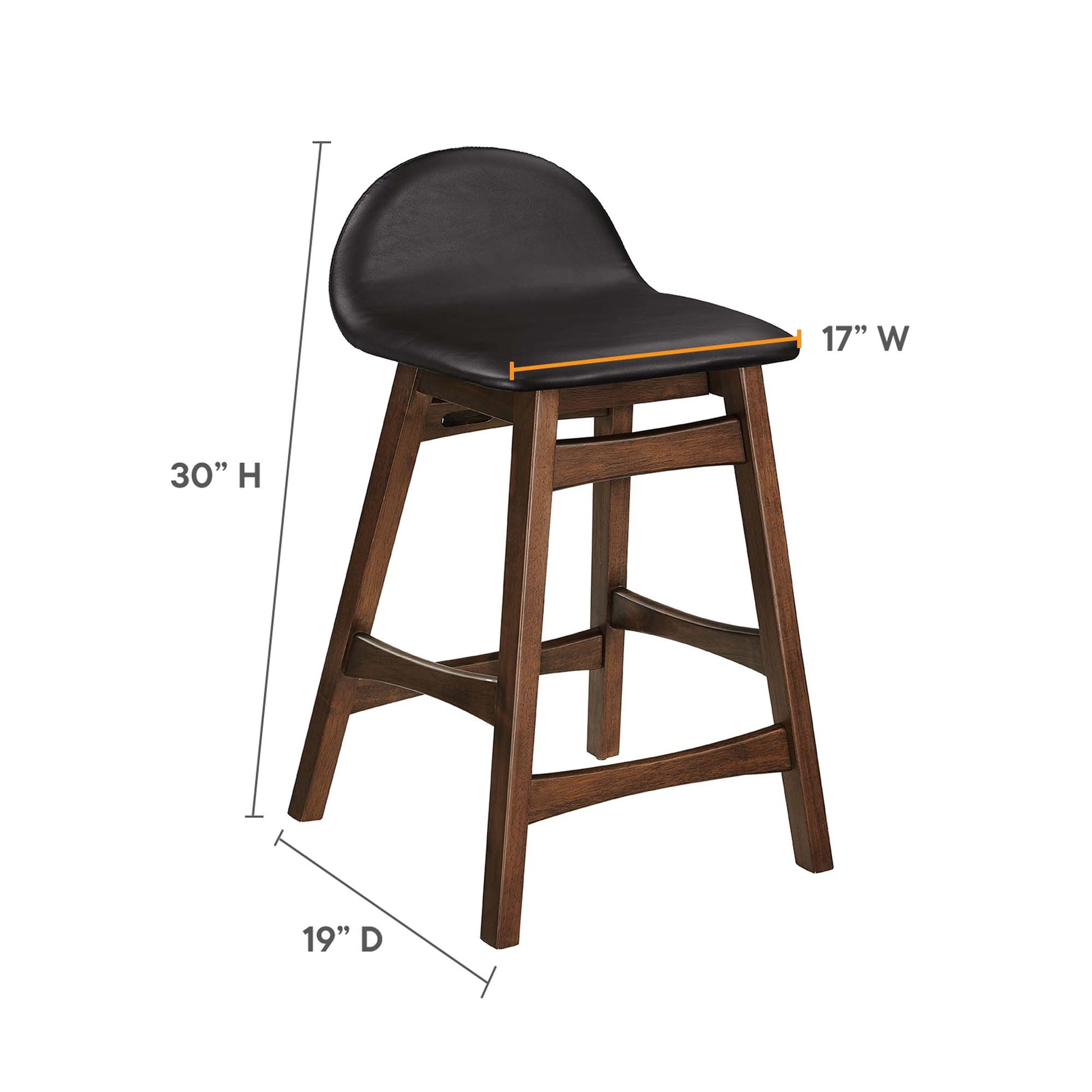 Brown wood counter stool with black padded vinyl seat and curved back; 30" high, 17" wide seat, 19" deep; set of 2.
