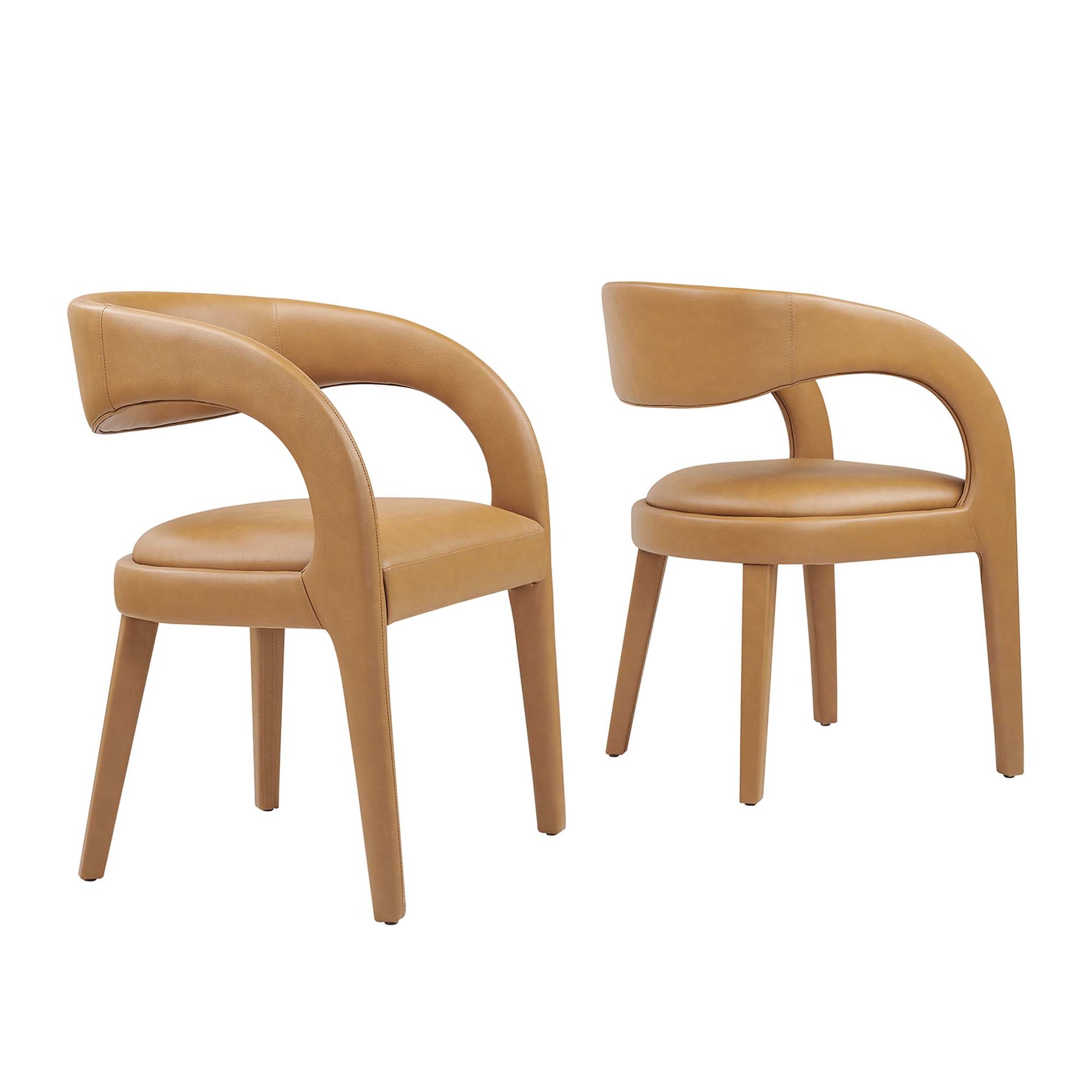 Pair of tan leather upholstered mid-century modern chairs with curved loop armrests and four tapered legs.