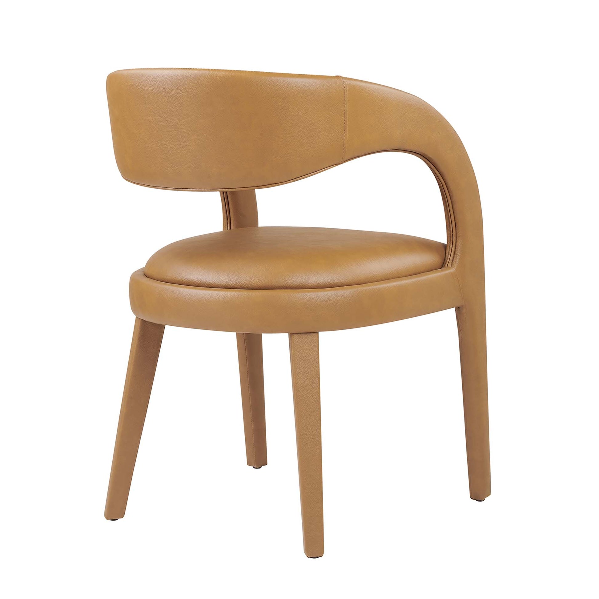 Tan vegan leather dining chair with curved wraparound back, round cushioned seat, and four tapered legs.