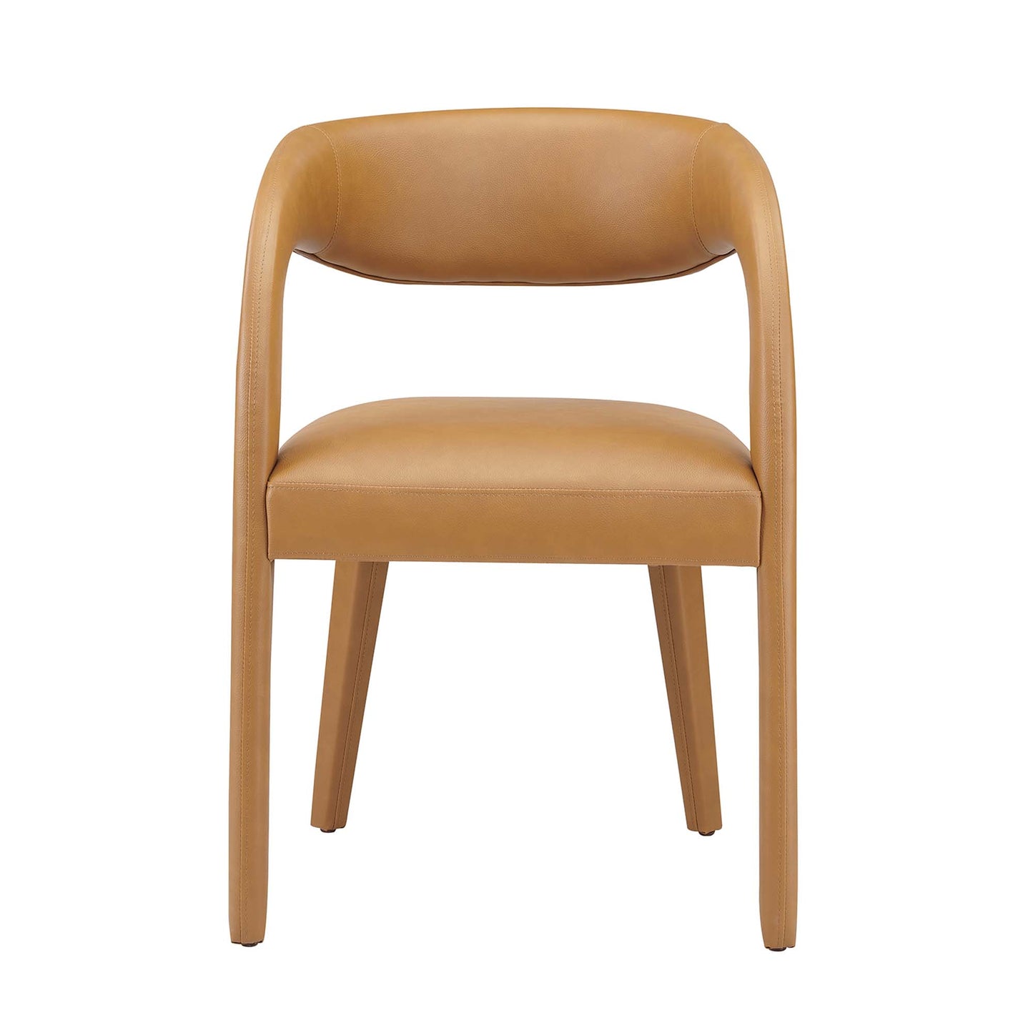 Tan vegan leather dining chair with curved back and wraparound arms, padded seat, four tapered legs.