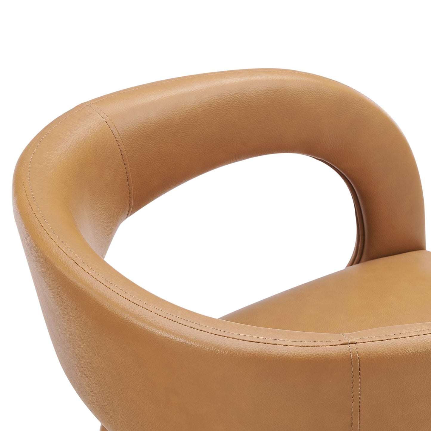 Tan vegan leather dining chair with a rounded backrest and integrated armrest, modern curved design; set of 2.