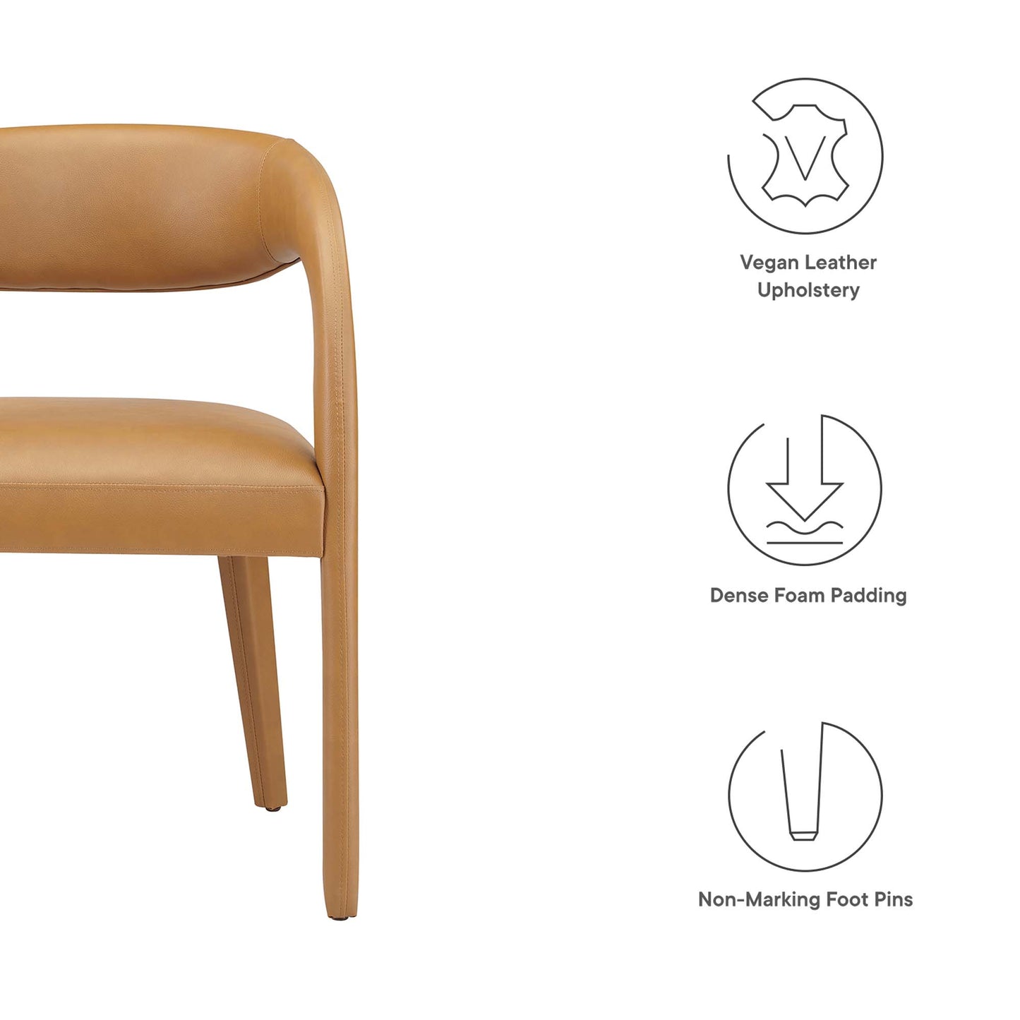Tan vegan leather dining chairs with curved back, dense foam padding, and non-marking feet.