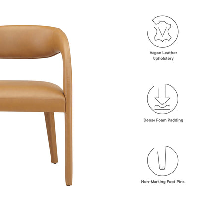 Tan vegan leather dining chairs with curved back, dense foam padding, and non-marking feet.