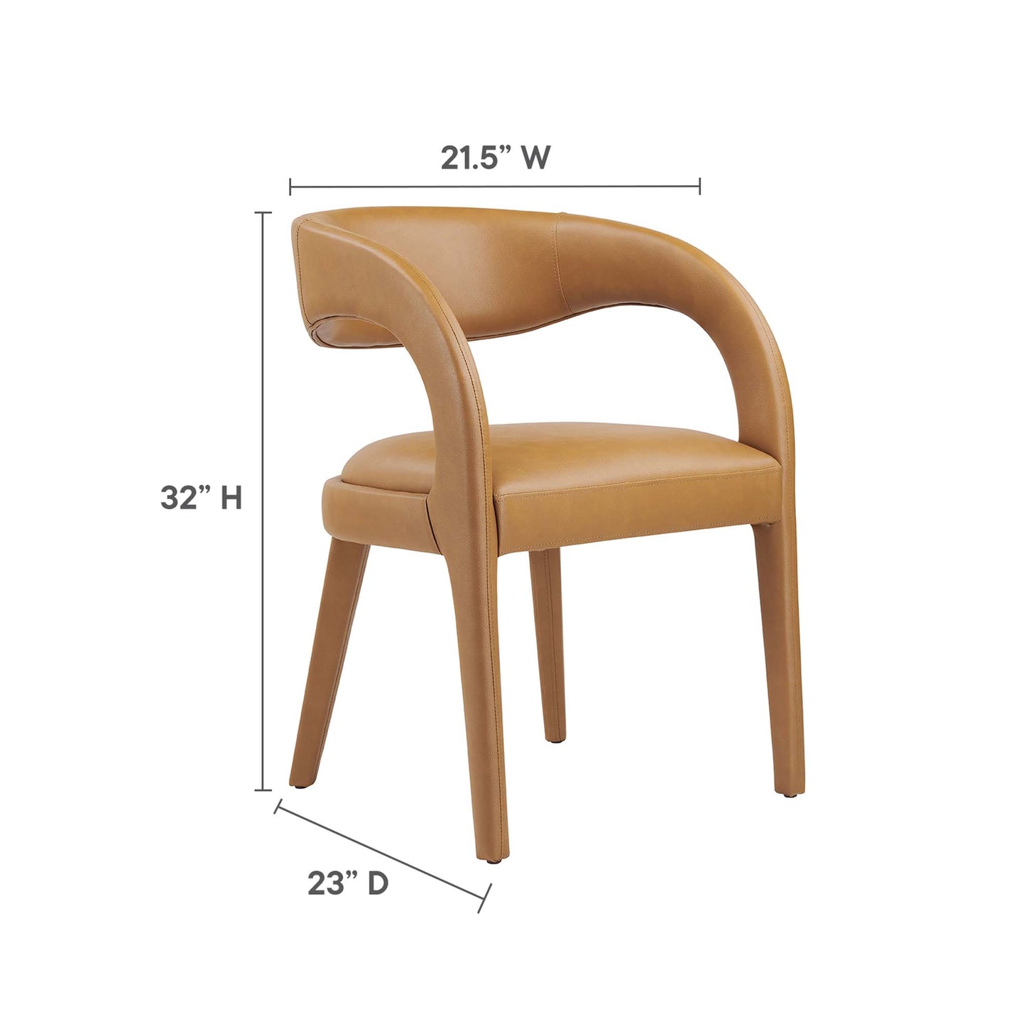 Tan vegan leather dining chairs (set of 2) with curved wraparound arms, cushioned seats, and tapered wood legs.