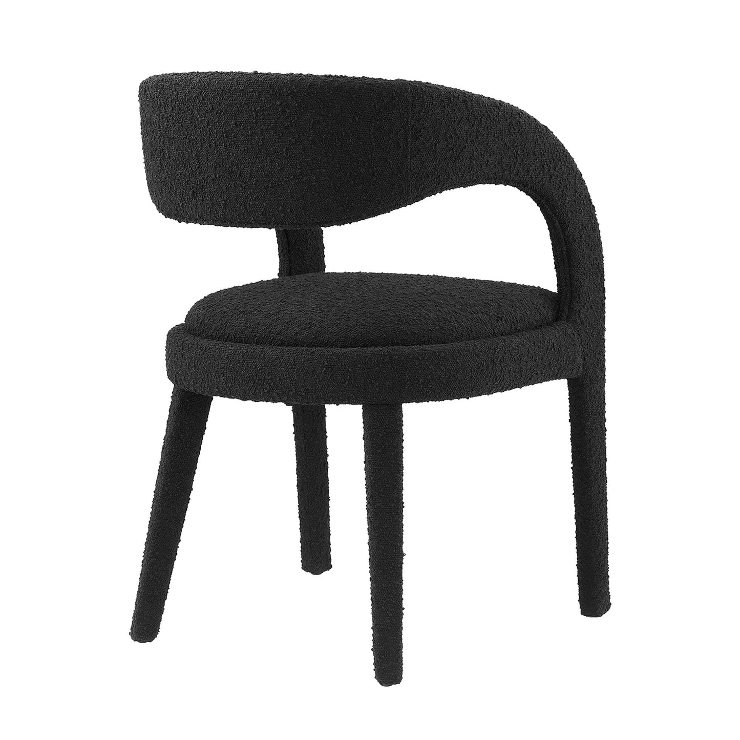 Black boucle upholstered dining chair with rounded back, wraparound arm and four tapered legs.