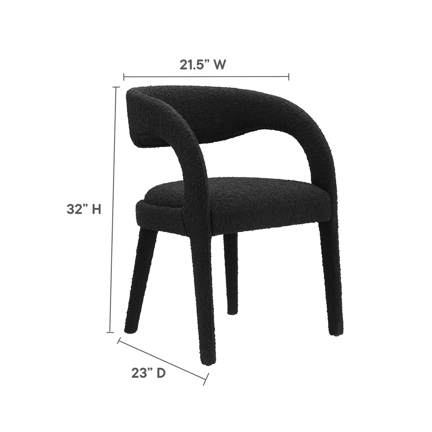 Black boucle upholstered dining chair with curved wraparound arms and tapered legs; mid-century modern style.