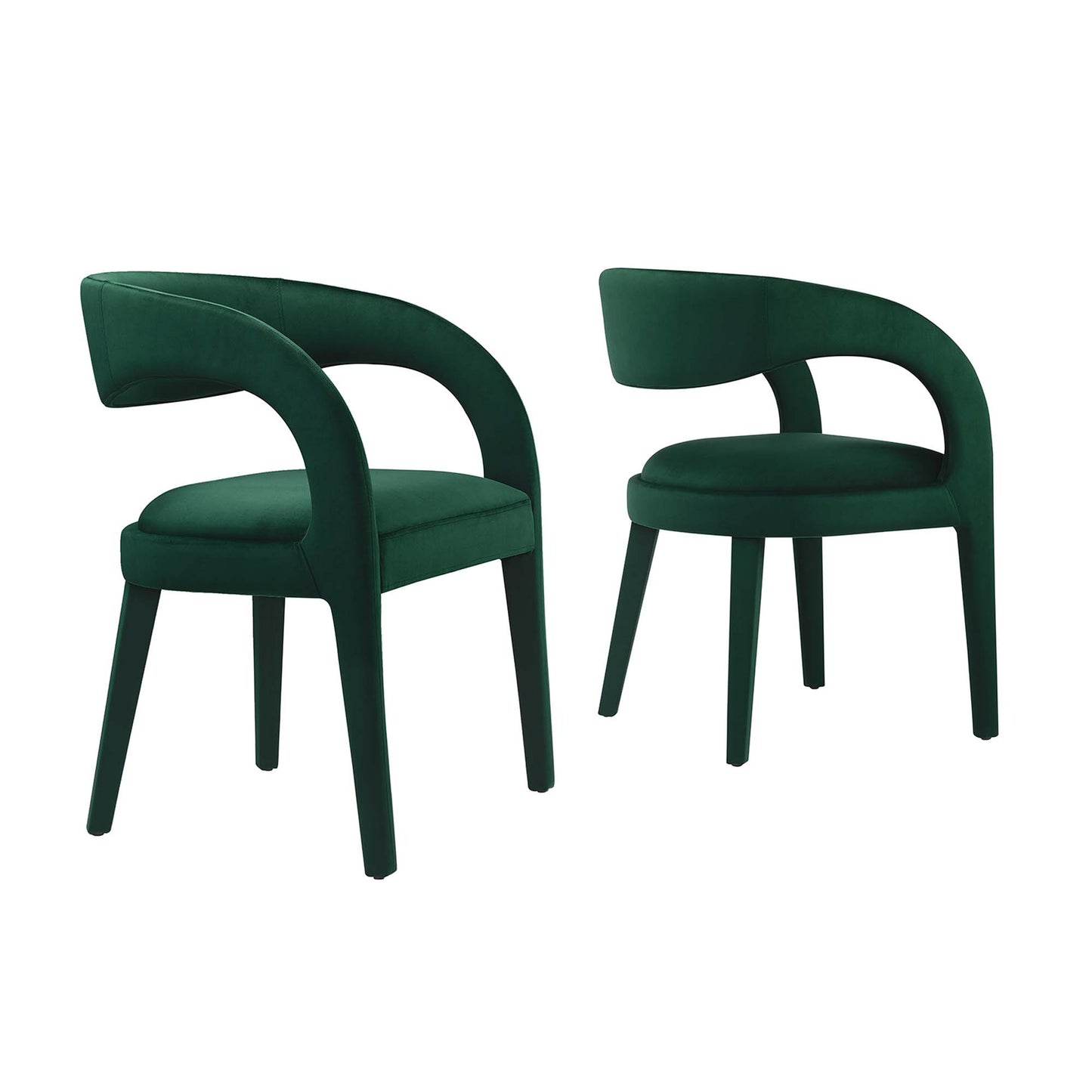 Pair of dark green velvet dining chairs with curved wraparound arms and tapered legs.