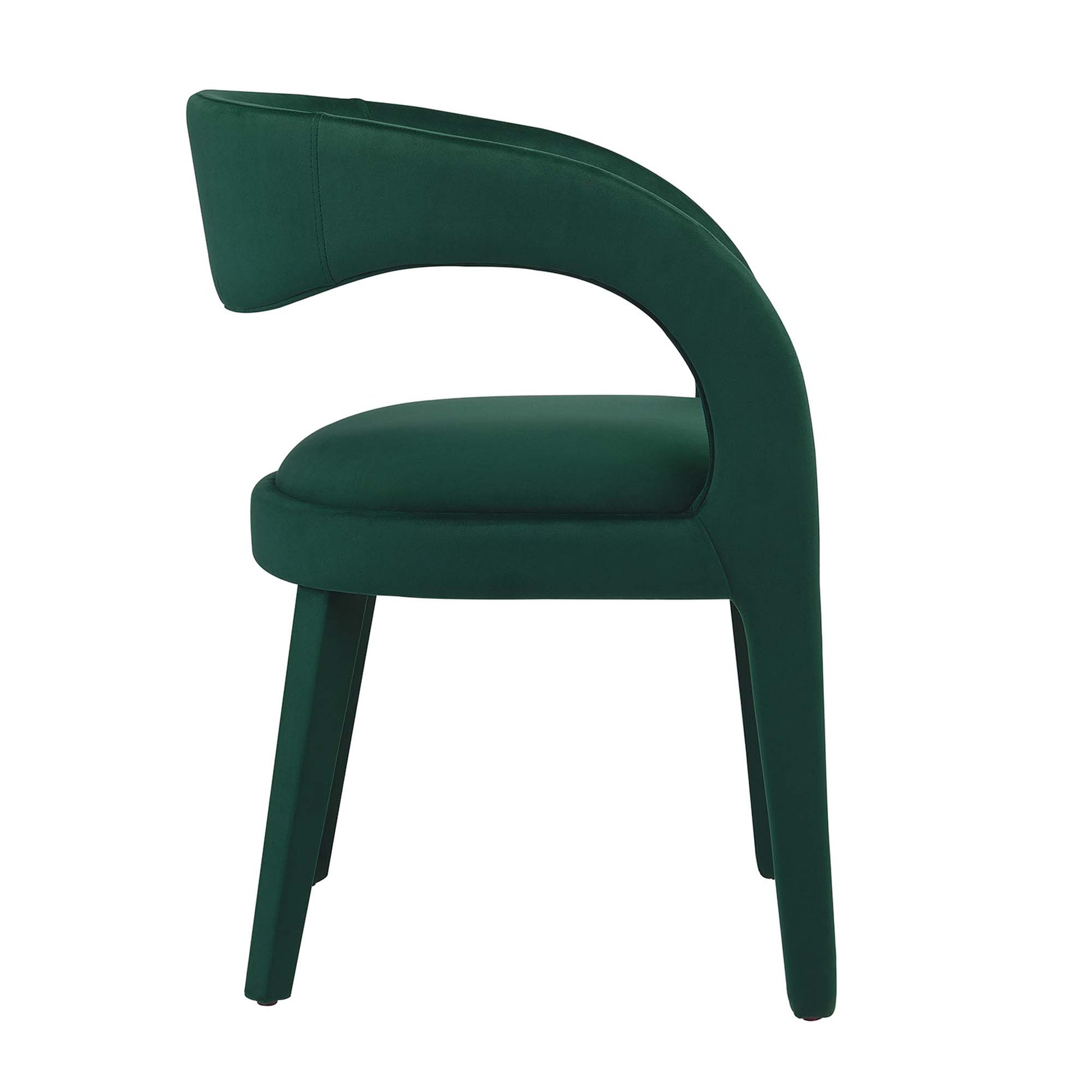 Green velvet upholstered chair with a curved wraparound back and cushioned seat; modern dining/accent chair.