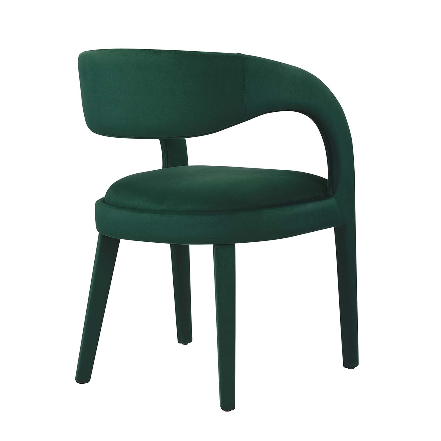 Emerald green velvet accent chair with curved back forming the armrest and a padded round seat, four tapered legs.