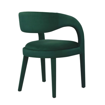 Emerald green velvet accent chair with curved back forming the armrest and a padded round seat, four tapered legs.