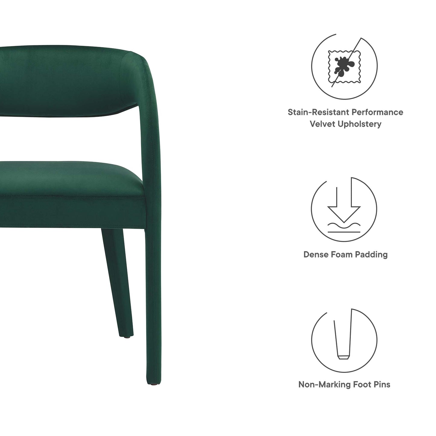 Green velvet dining chairs, set of 2, with stain-resistant upholstery, dense foam padding, and non-marking feet.