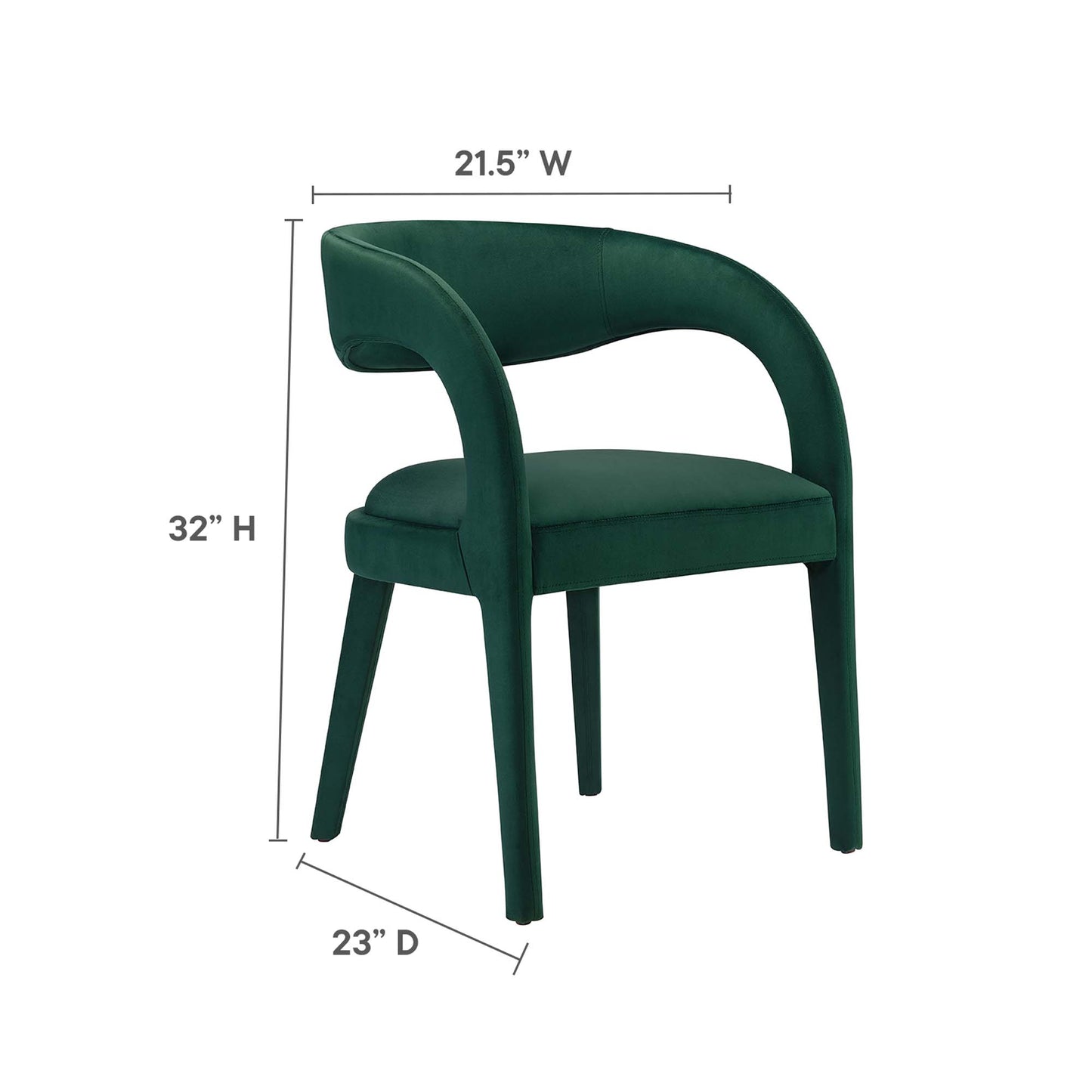 Green velvet upholstered dining chair with curved back and armrests, four legs; 21.5W x 32H x 23D.