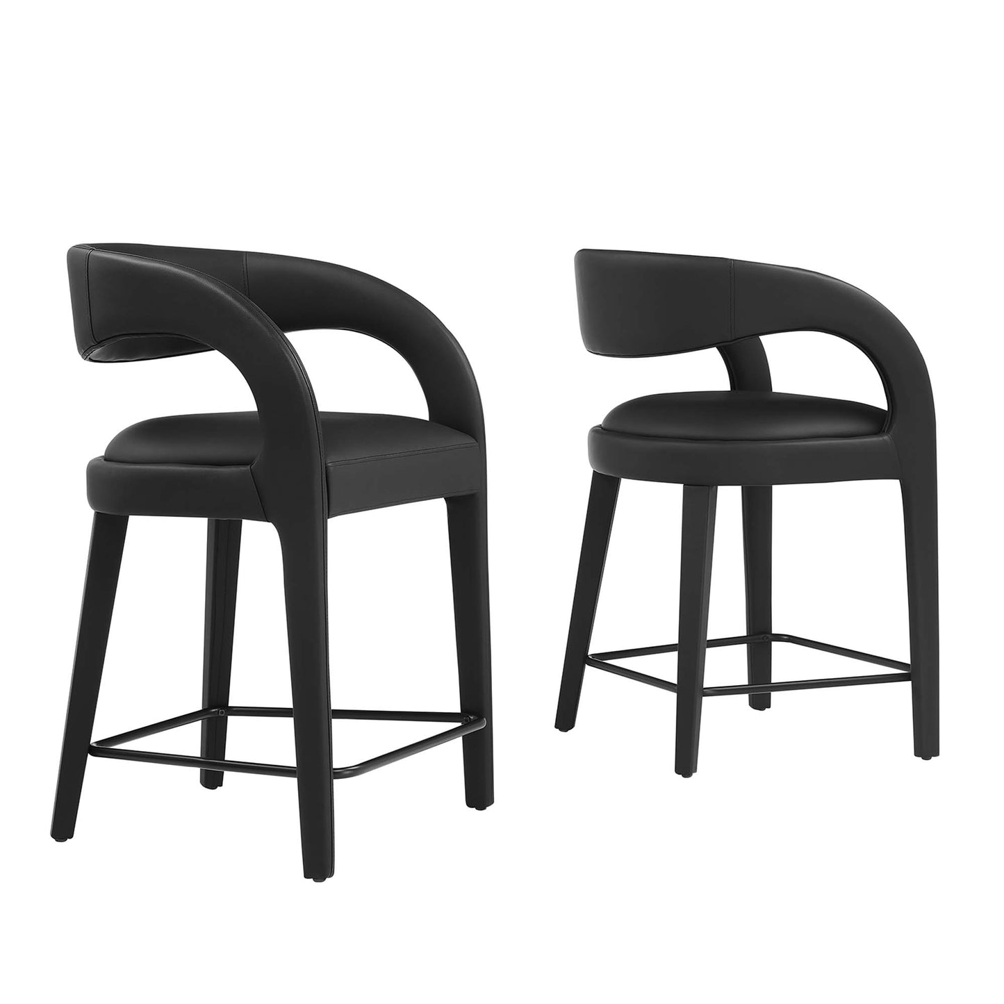 Pair of black curved-back counter stools with padded seats, rounded armrests & metal foot rails.