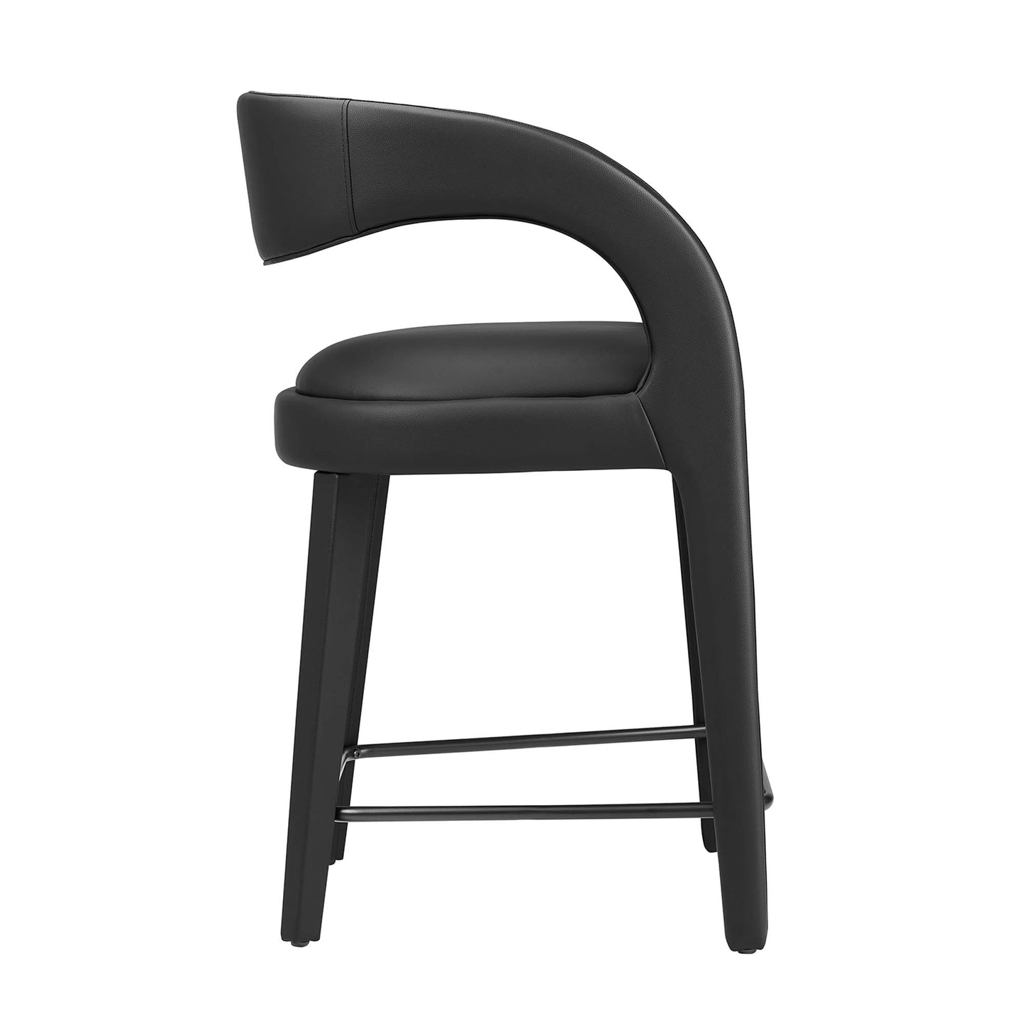 Two black vegan leather counter stools with curved wraparound back and armrests, cushioned seats, and metal legs with footrests.