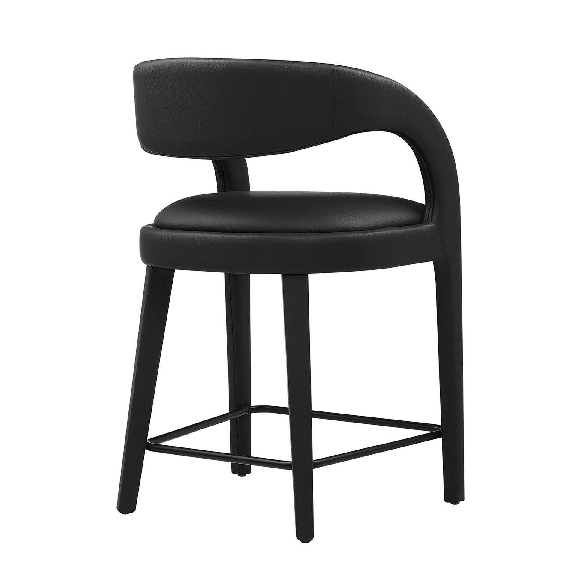 Black vegan leather counter stool with curved back, padded seat and metal footrest; set of 2; modern industrial style.