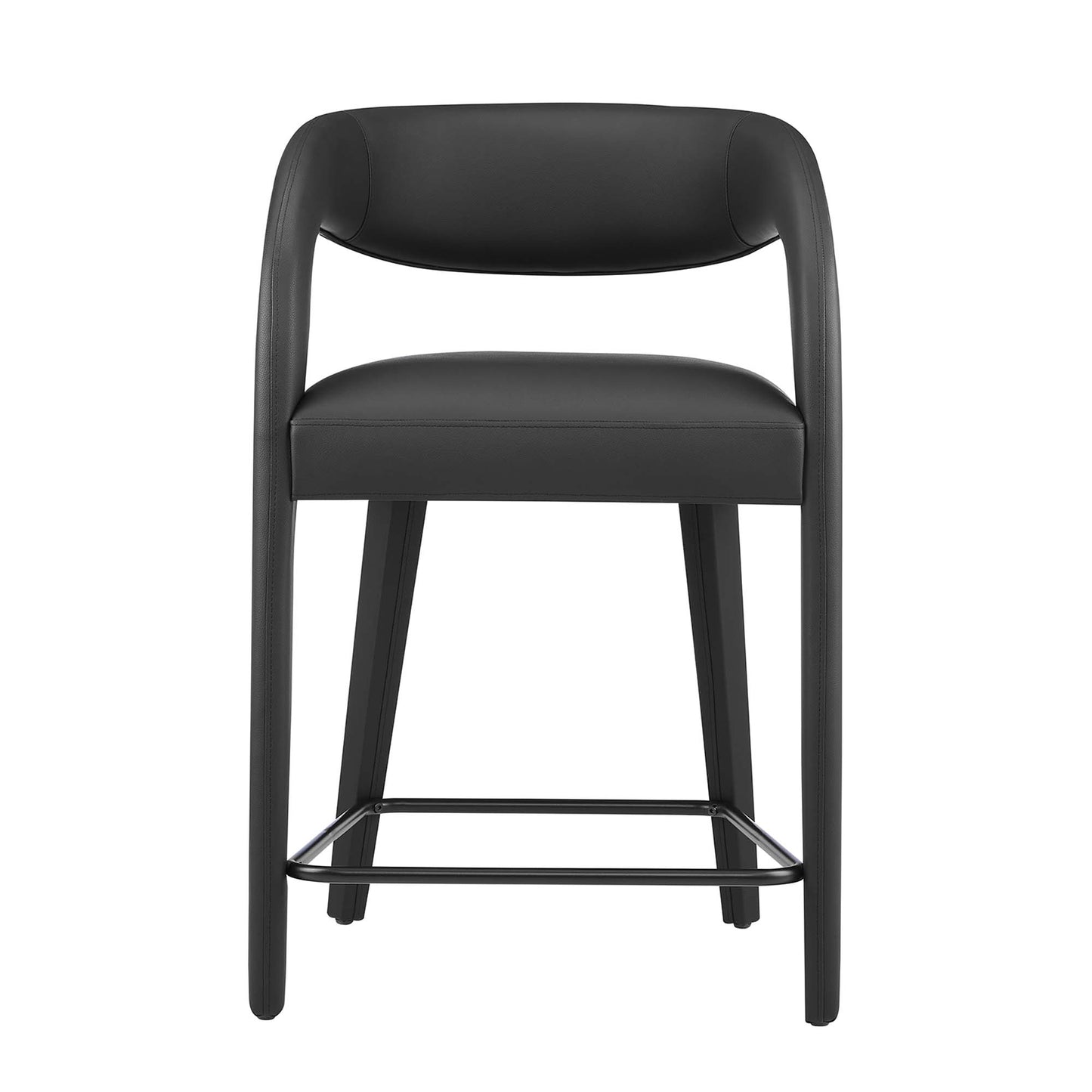 Black padded counter stool with curved backrest, metal frame and chrome footrest.