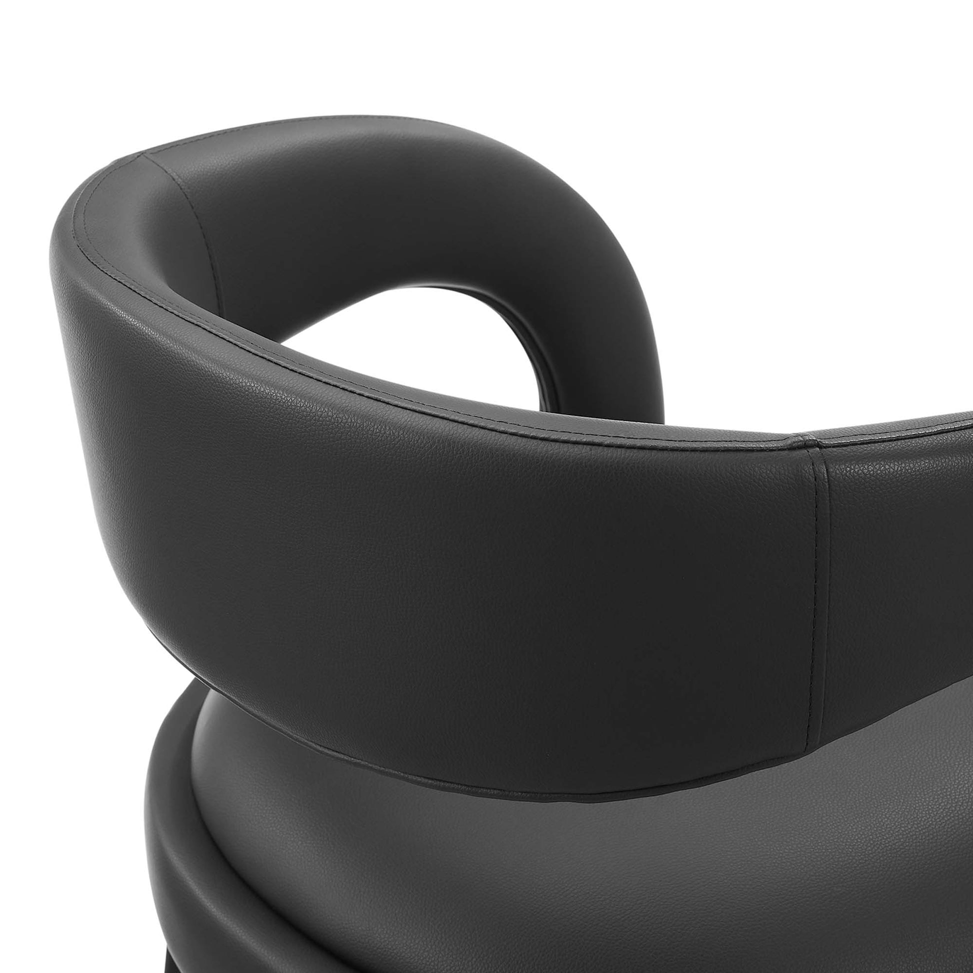 Black vegan leather counter stool backrest with rounded tubular design and circular cutout