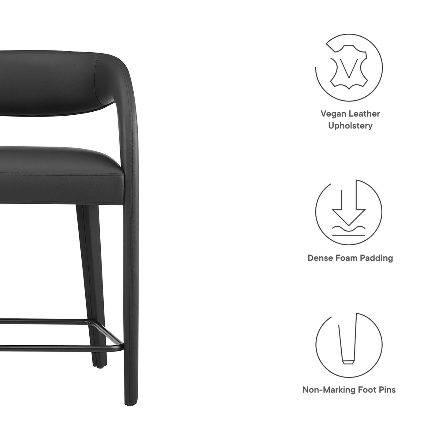Black vegan leather counter stools set of 2 with curved back, dense foam padding, metal frame and chrome footrest.