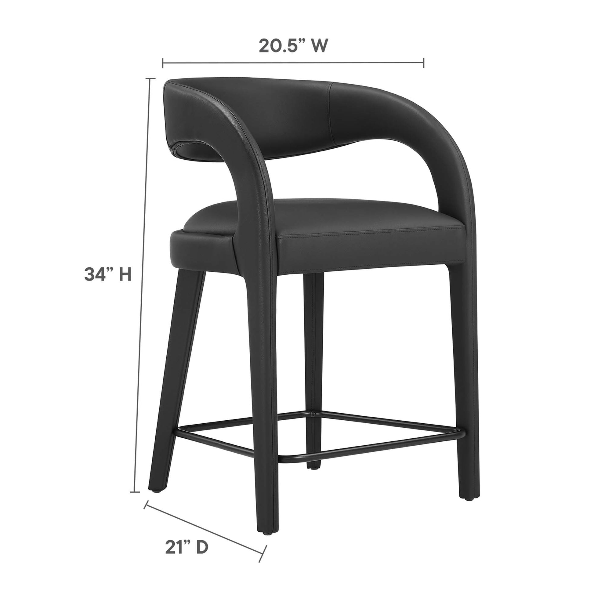 Black vegan leather counter stools with curved back and arms, metal frame and footrest, 20.5W x 21D x 34H.