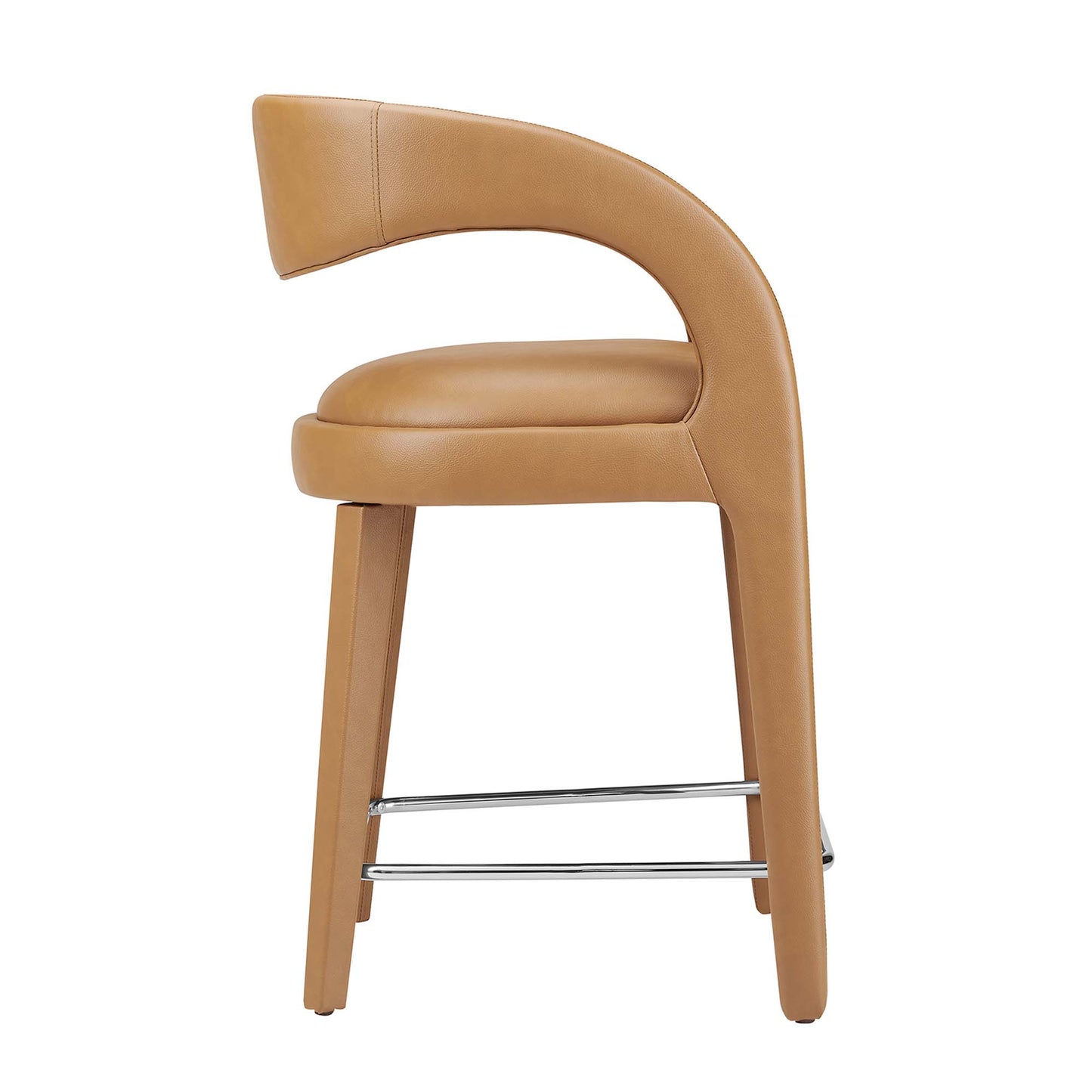 Tan vegan leather counter stool with curved backrest, cushioned seat, wooden legs and chrome footrests; set of 2.