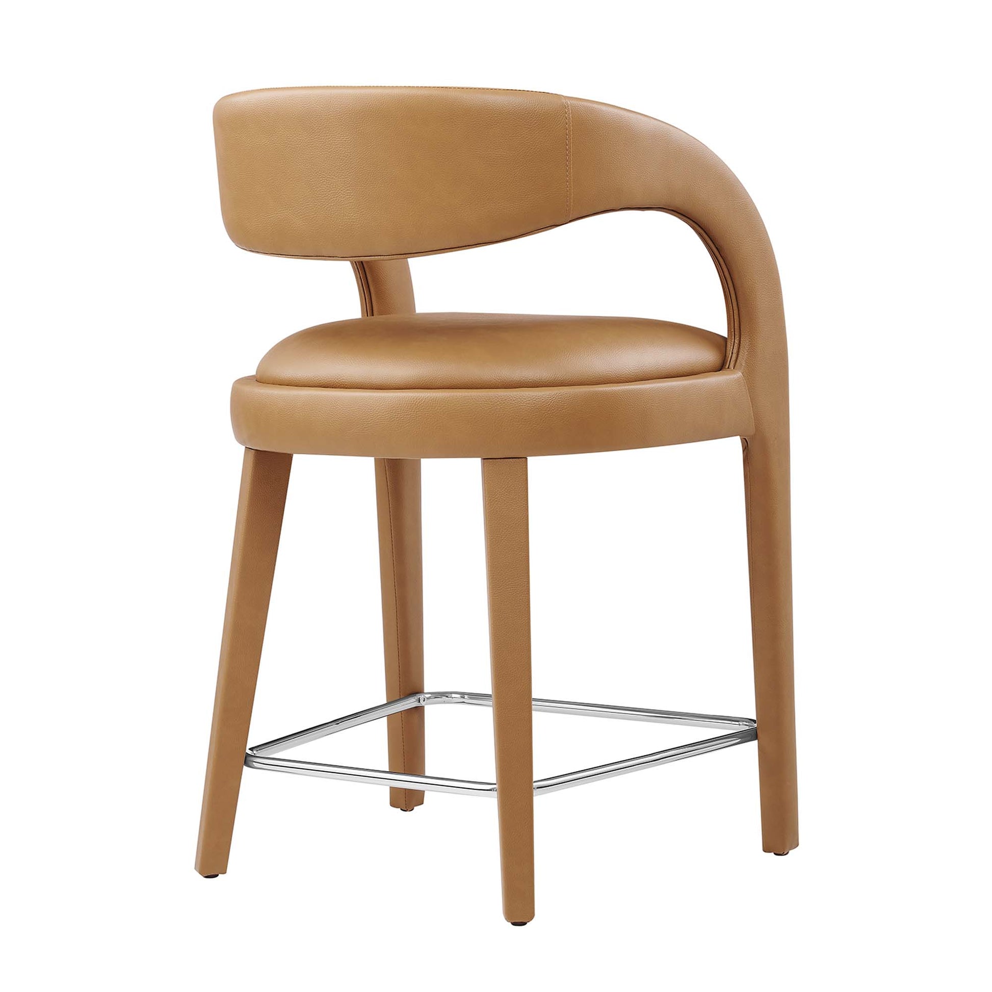 Tan leather bar stool with curved backrest, padded seat, four tapered legs and chrome footrest.