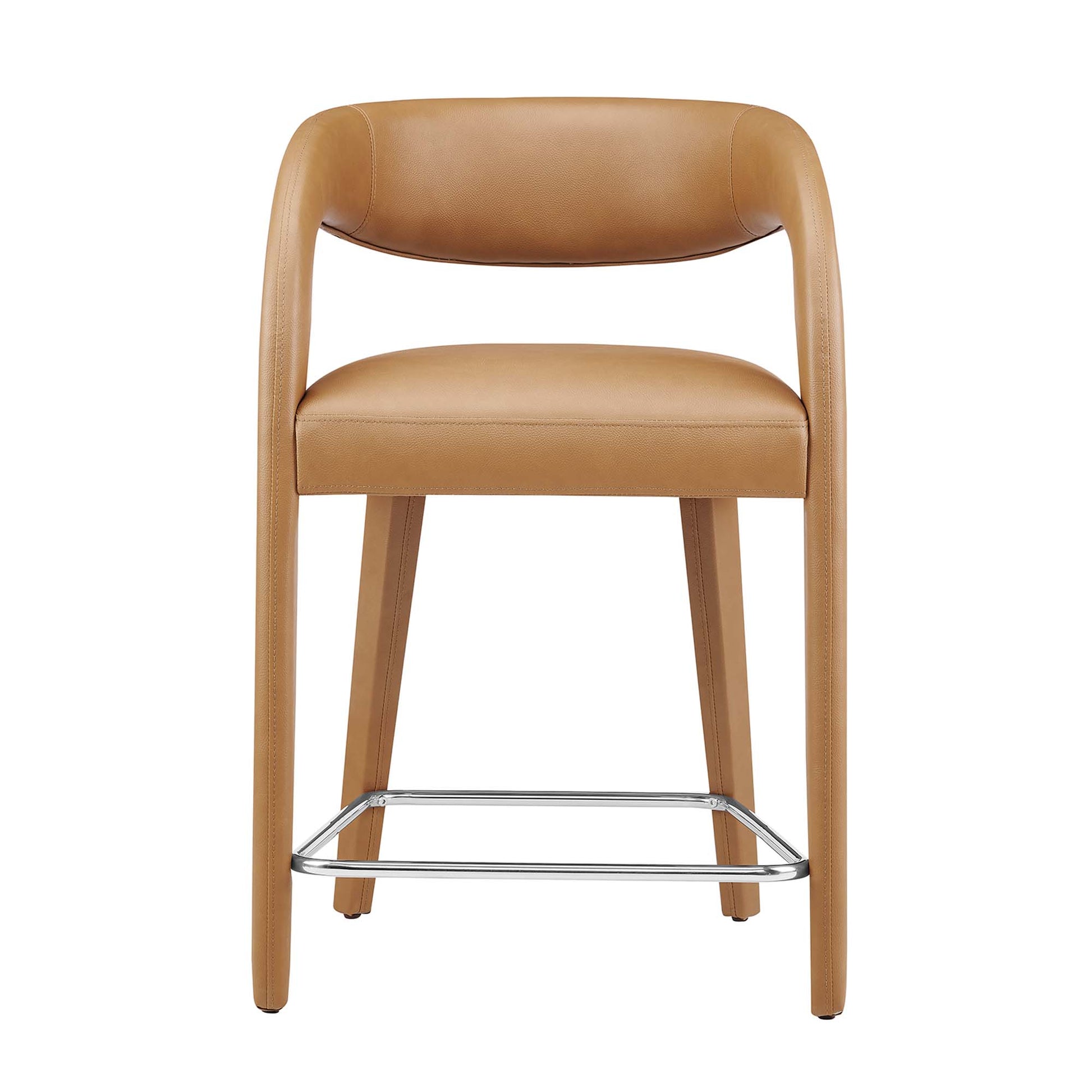 Tan vegan leather counter stools with curved backrests, cushioned seats, set of 2, with wooden legs & chrome footrests.