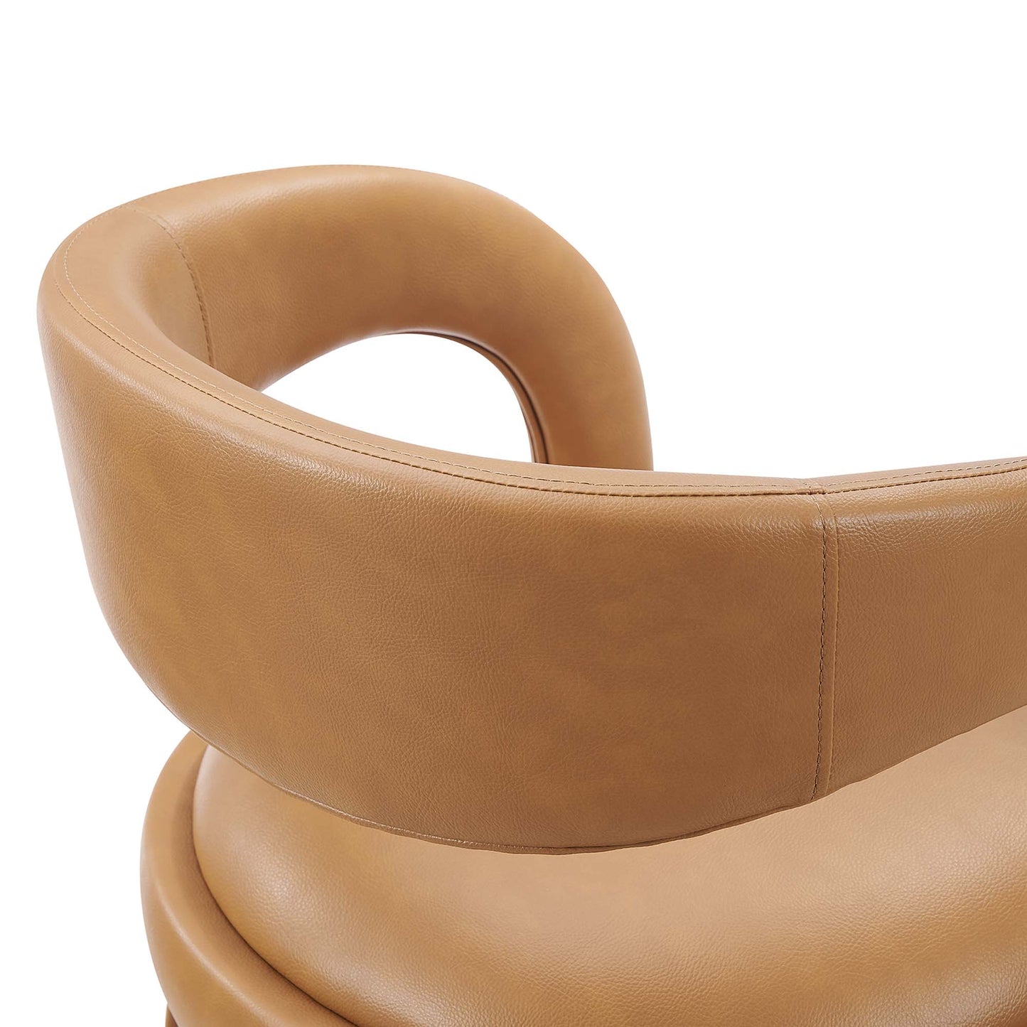 Tan vegan leather counter stools with curved loop backrests and cushioned seats, set of 2, modern mid-century style.