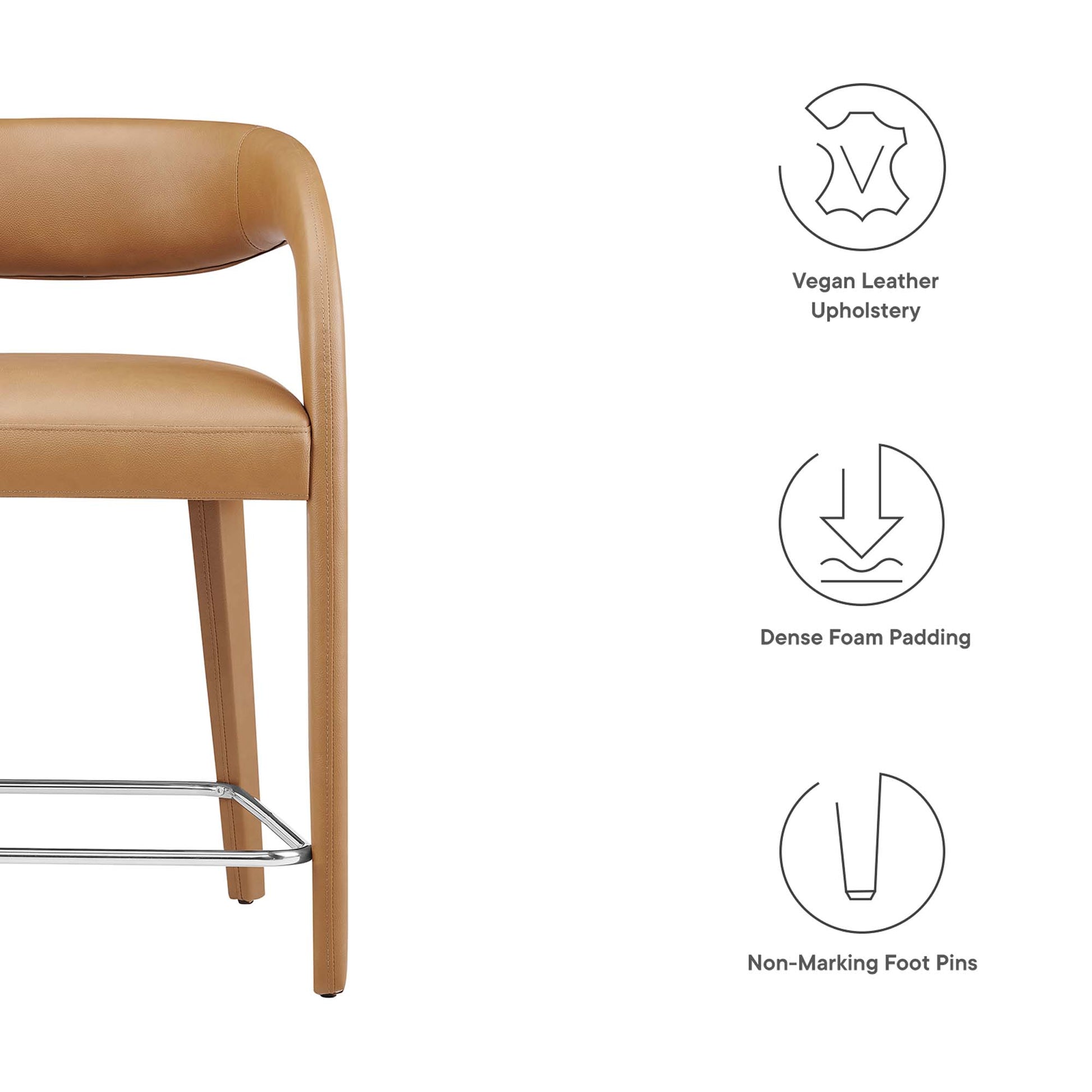 Tan vegan leather counter stools (set of 2) with curved back, dense foam padding, chrome footrests, and non-marking feet.