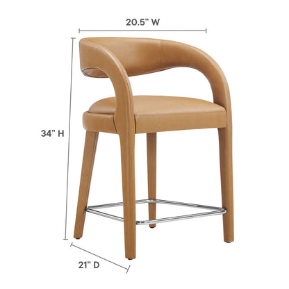 Tan upholstered bar stool with curved back and chrome footrest; 34 H x 20.5 W x 21 D