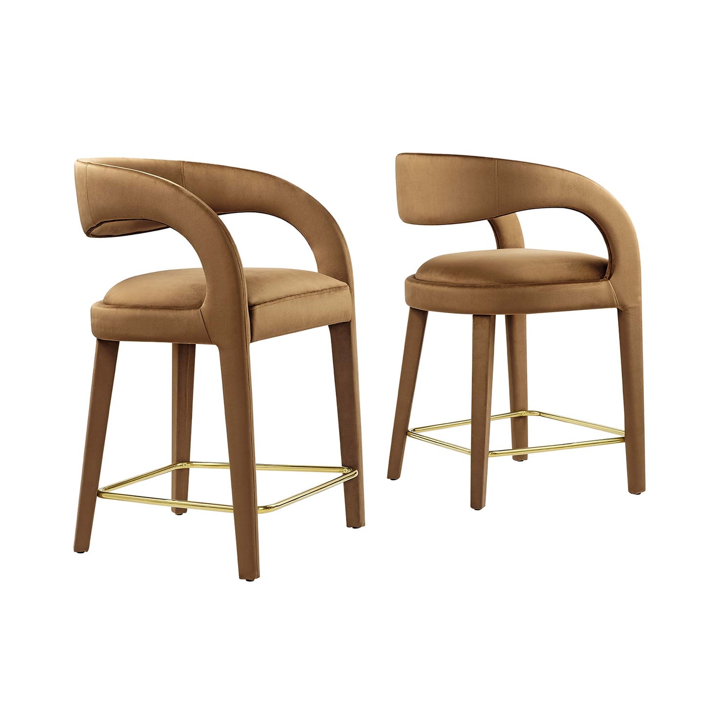 Pair of brown upholstered counter stools with rounded backs, wood legs and gold metal foot rails.