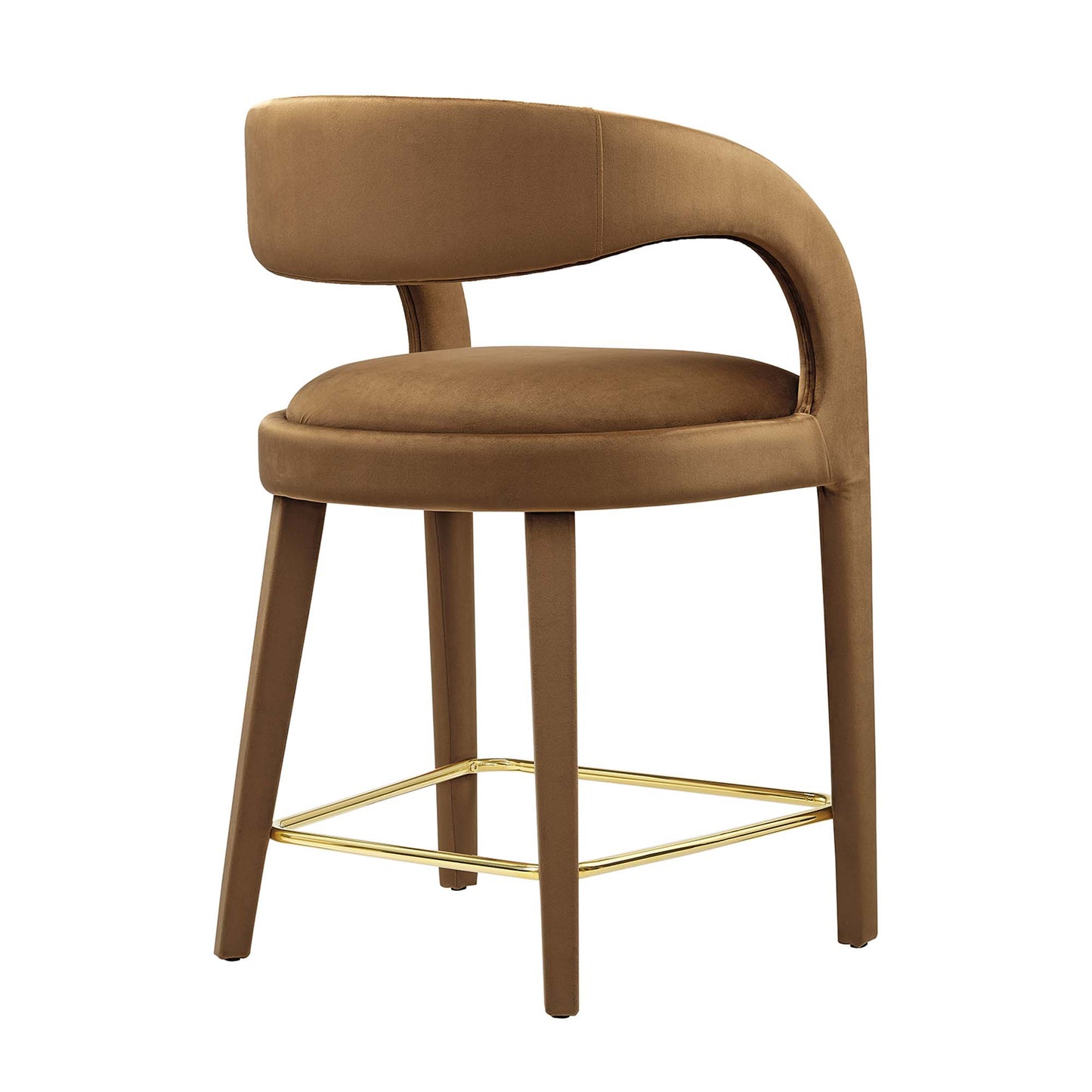 Brown velvet upholstered bar stool with curved backrest and gold metal footrest.