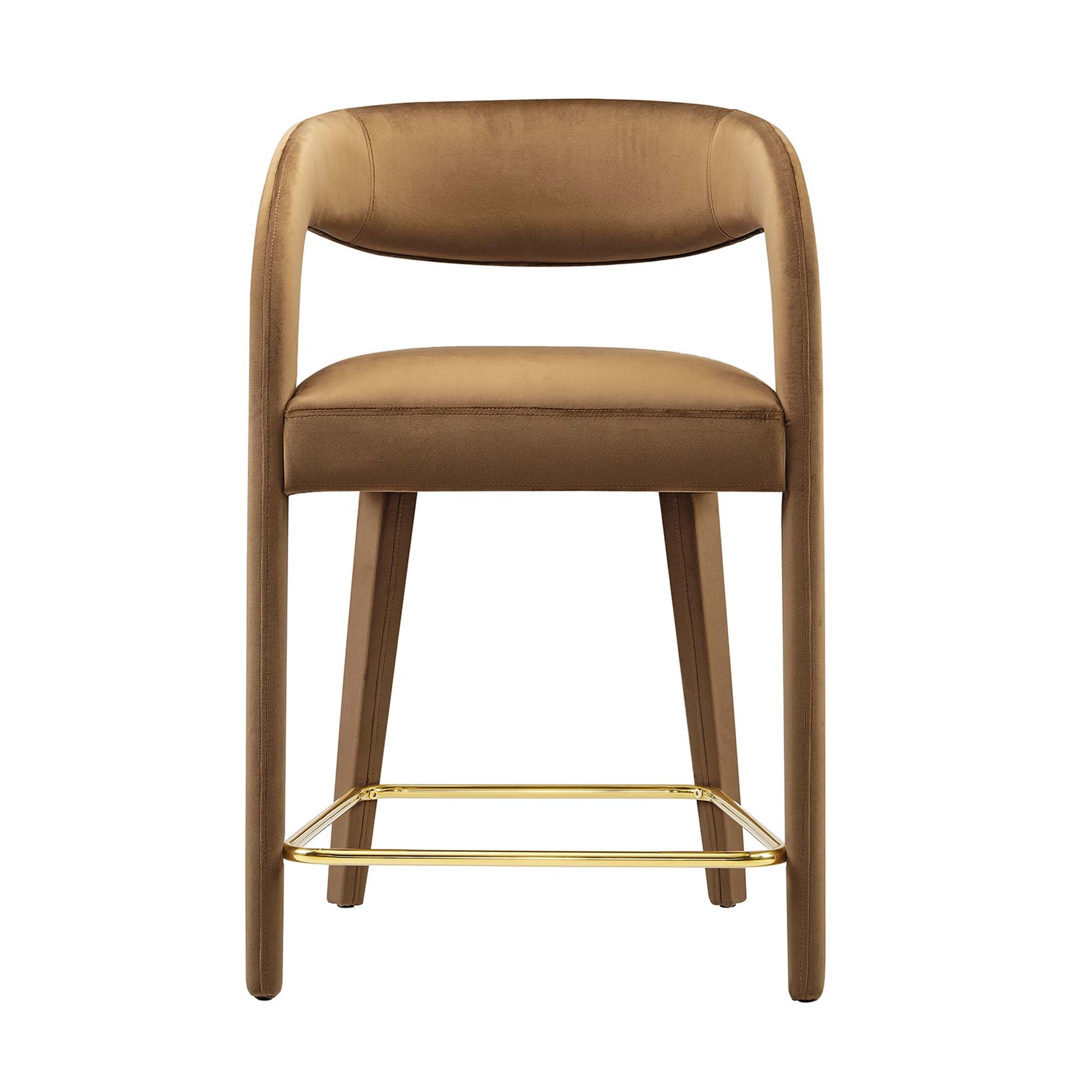 Velvet counter stool with rounded back, cushioned seat, and gold metal footrest