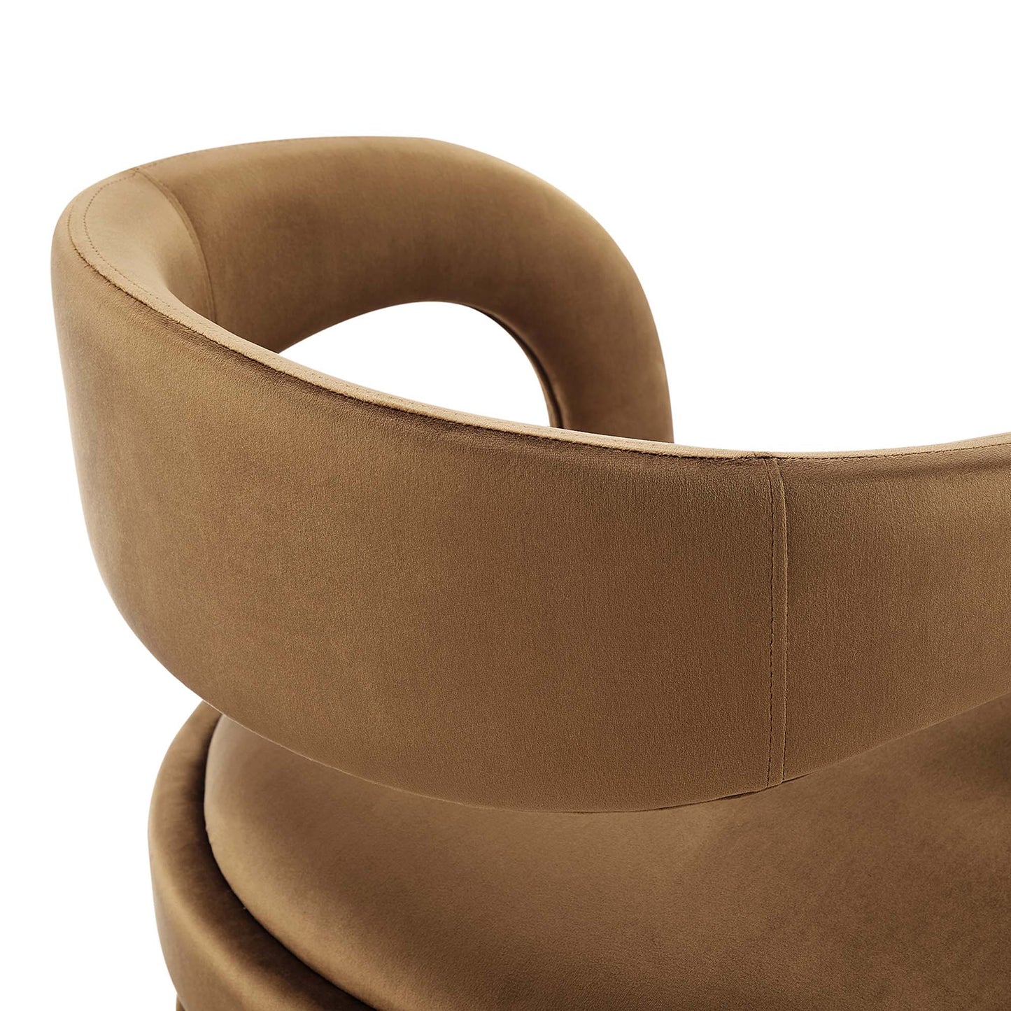 Pair of brown velvet counter stools with circular ring-back design, plush upholstery, modern dining seating.