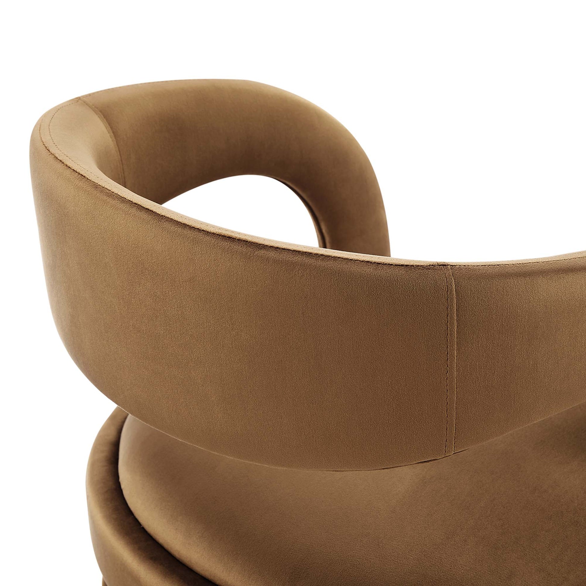 Pair of brown velvet counter stools with circular ring-back design, plush upholstery, modern dining seating.