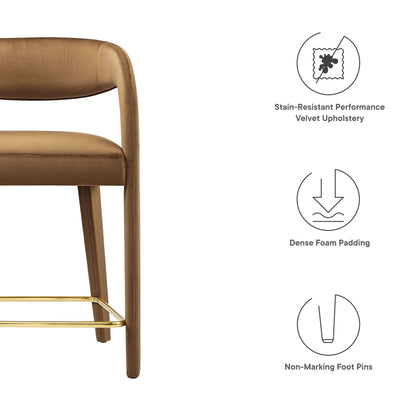 Brown velvet upholstered counter stools with curved backs and gold-tone metal footrests, set of 2.