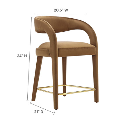 Brown upholstered counter stool with curved back and arms, wooden legs, gold metal footrest; 20.5"W x 34"H x 21"D.