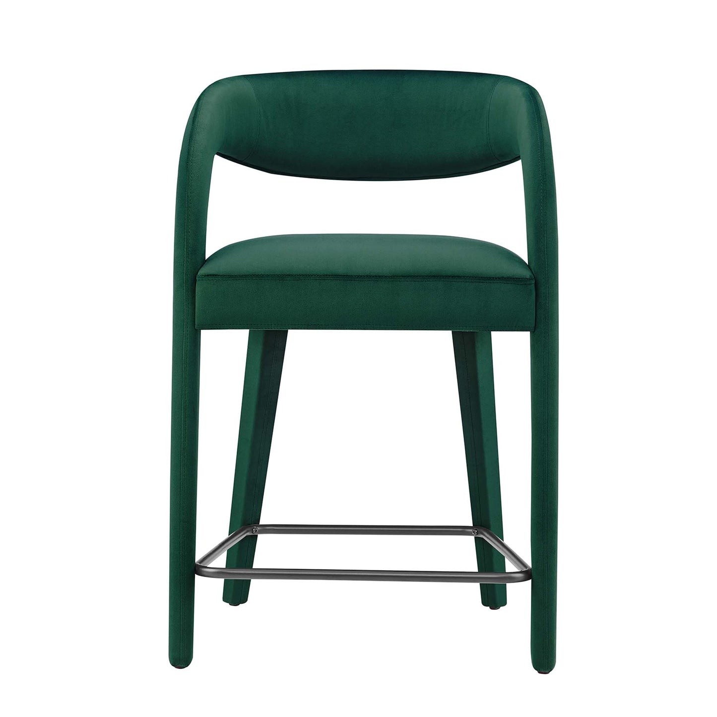 Emerald green velvet counter stool with curved back, padded seat, and chrome footrest.