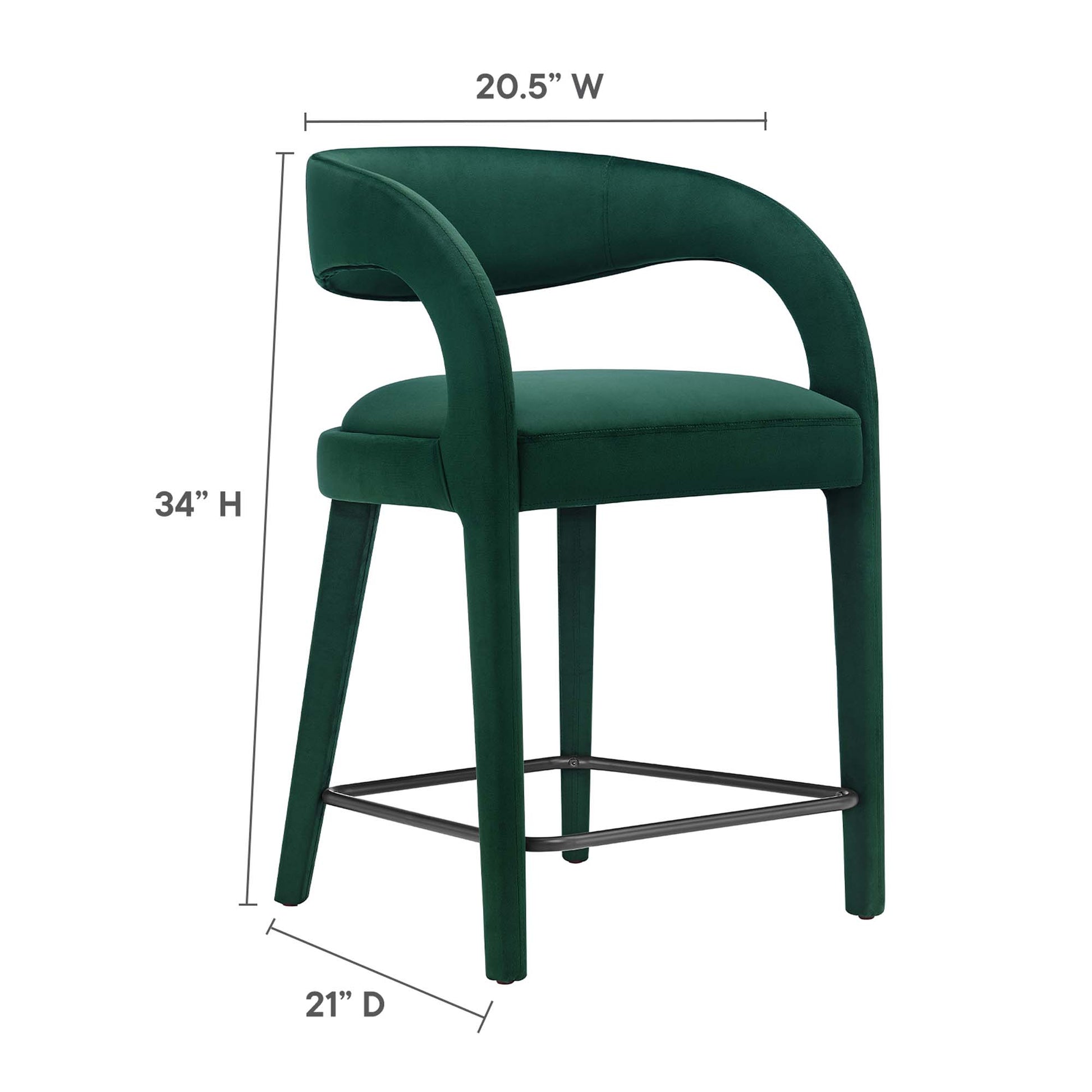 Emerald green velvet counter stools set of 2 with curved arms and back, black metal footrest, 34" H, 20.5" W, 21" D.