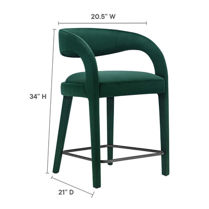 Emerald green velvet counter stools set of 2 with curved arms and back, black metal footrest, 34" H, 20.5" W, 21" D.