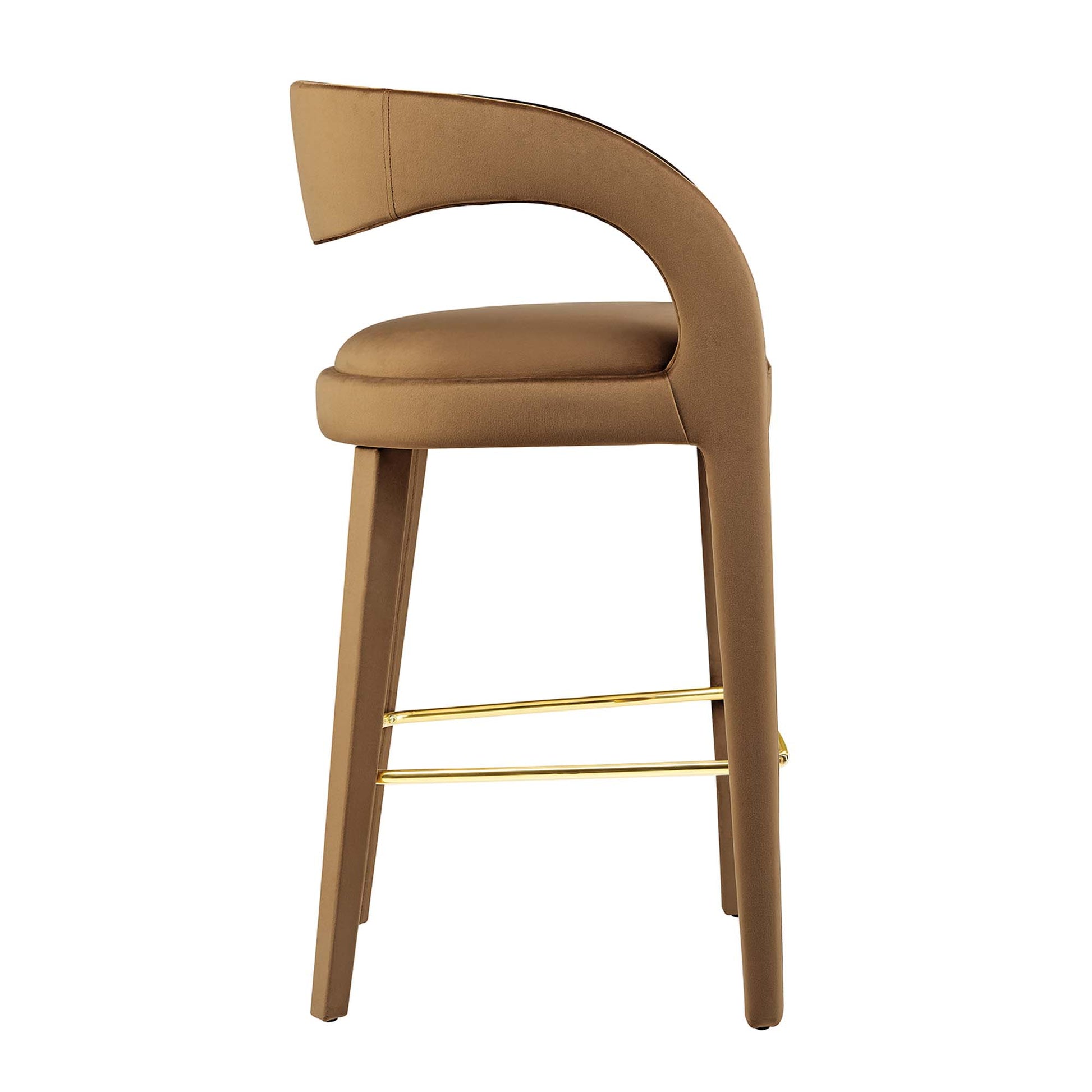 Brown upholstered bar stools with curved backs, cushioned seats, wooden legs and gold metal foot rails (set of 2).